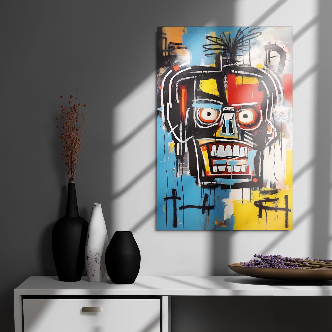"Voltage Grin" glossy metal poster 20"x30" on modern gray wall above console decor with window light shadows, striking graffiti face pop art with orange eyes, jagged grin, and bold color blocks, by GiveMeMood