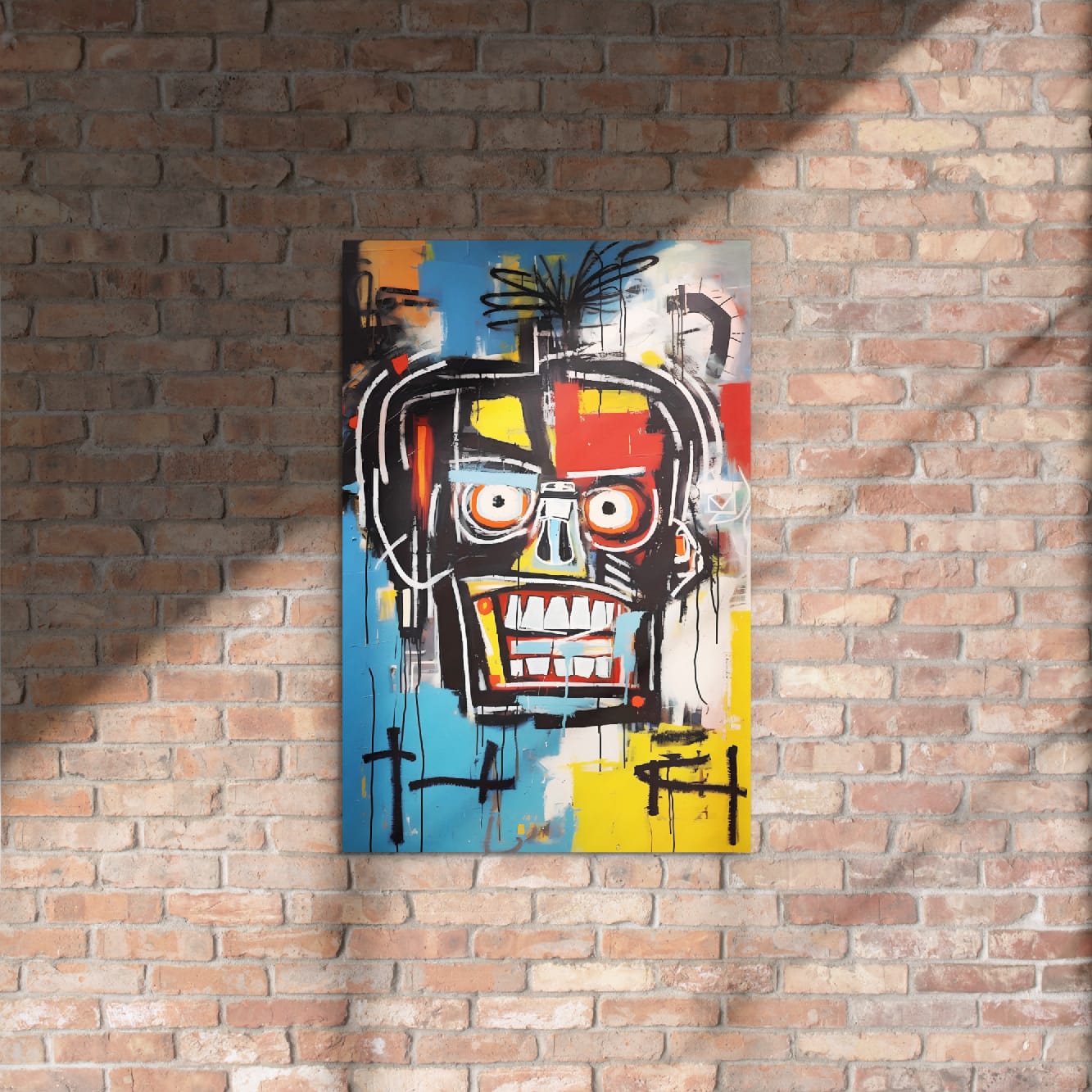 "Voltage Grin" glossy metal poster 20"x30" on rustic brick wall with sun shadows, graffiti pop-art face with orange-ringed eyes, jagged toothy grin, and paint drips in blue, yellow, red, and black, by GiveMeMood