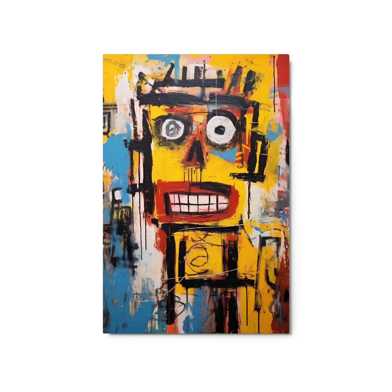 "Static Smile" glossy metal poster 20"x30" product photo on white background, abstract street-art face portrait with big eyes, toothy grin, and paint drips in yellow, blue, and red, by GiveMeMood