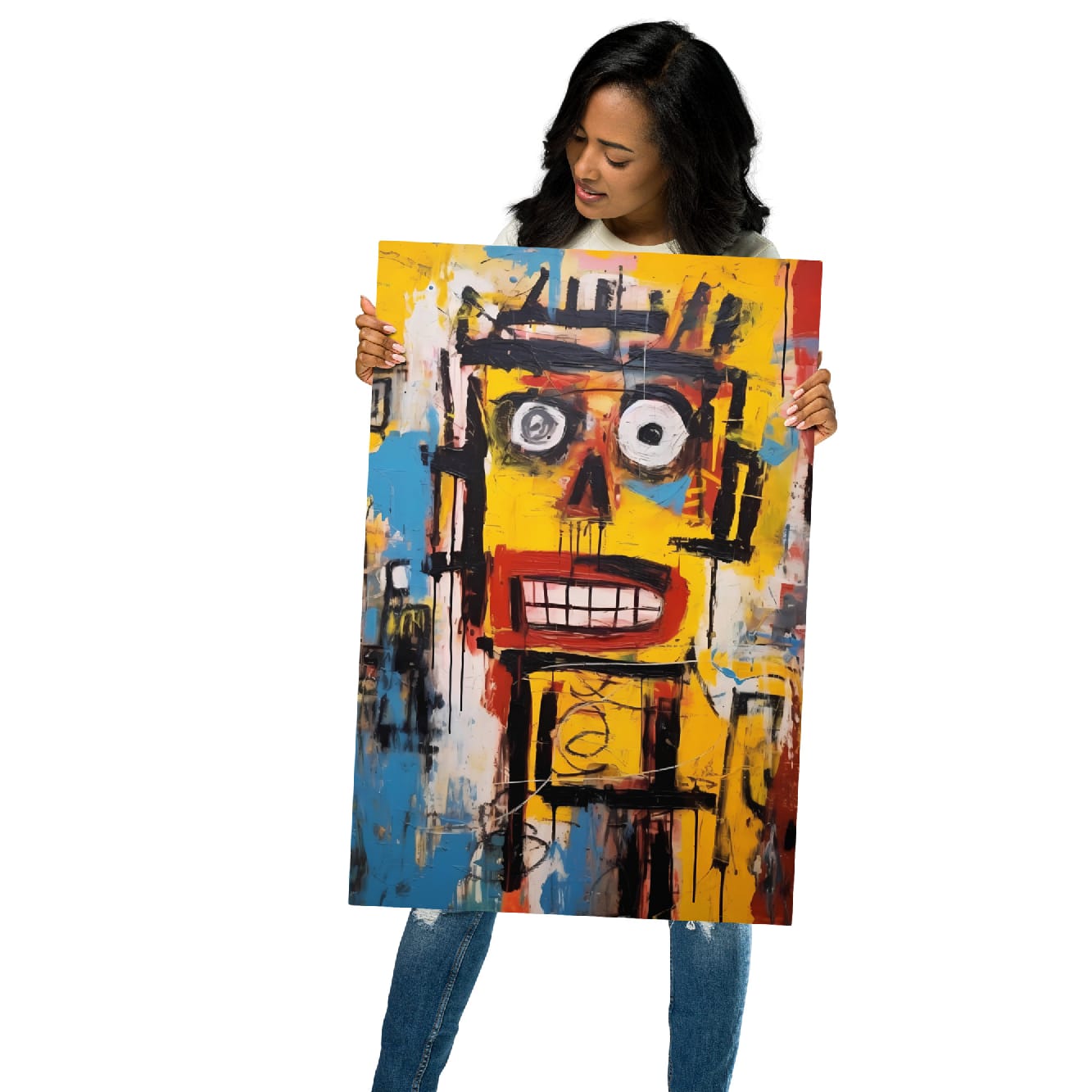 "Static Smile" glossy metal poster 20"x30" held by model, oversized abstract graffiti face wall art print with toothy grin, bold yellow tones, and painterly drips, by GiveMeMood