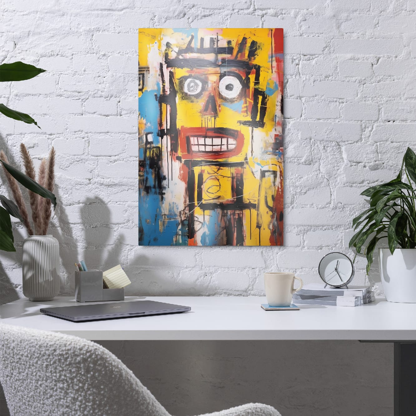 "Static Smile" glossy metal poster 20"x30" in a home office on white brick wall above desk, colorful abstract graffiti face artwork with paint splashes and dripping details, by GiveMeMood