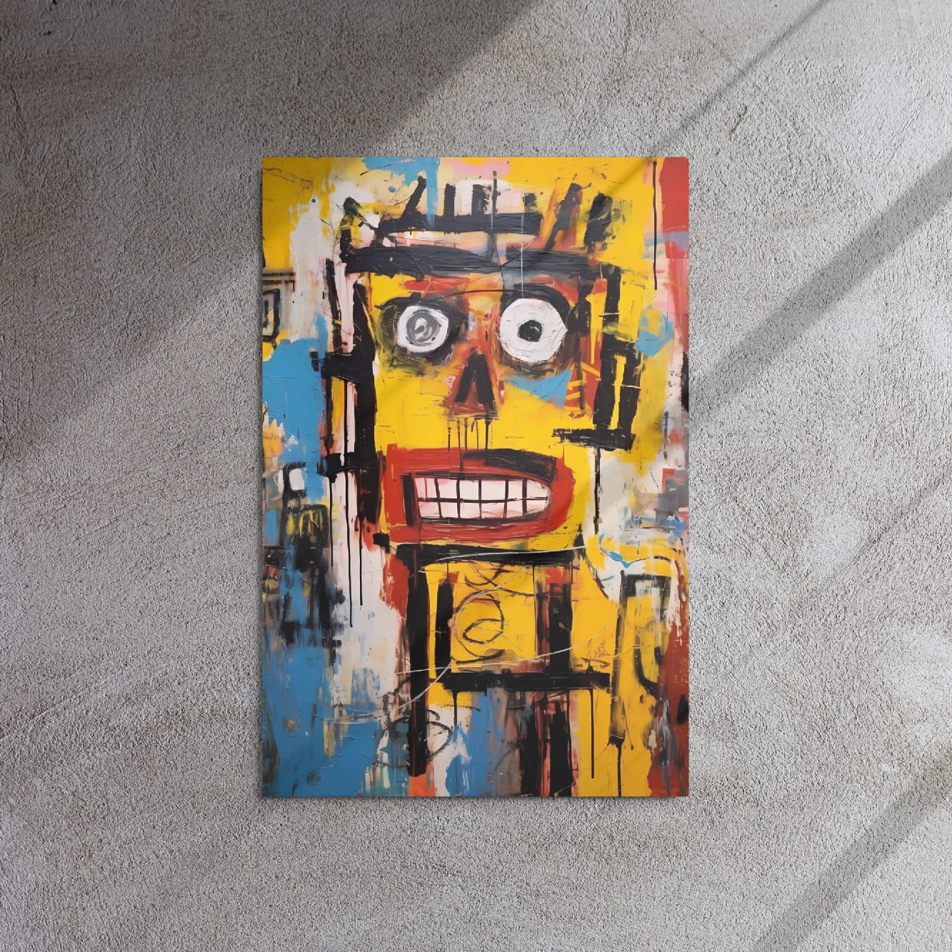 "Static Smile" glossy metal poster 20"x30" on textured concrete wall with diagonal sun shadows, bold abstract street-art face in yellow with blue and red accents and paint drips, by GiveMeMood