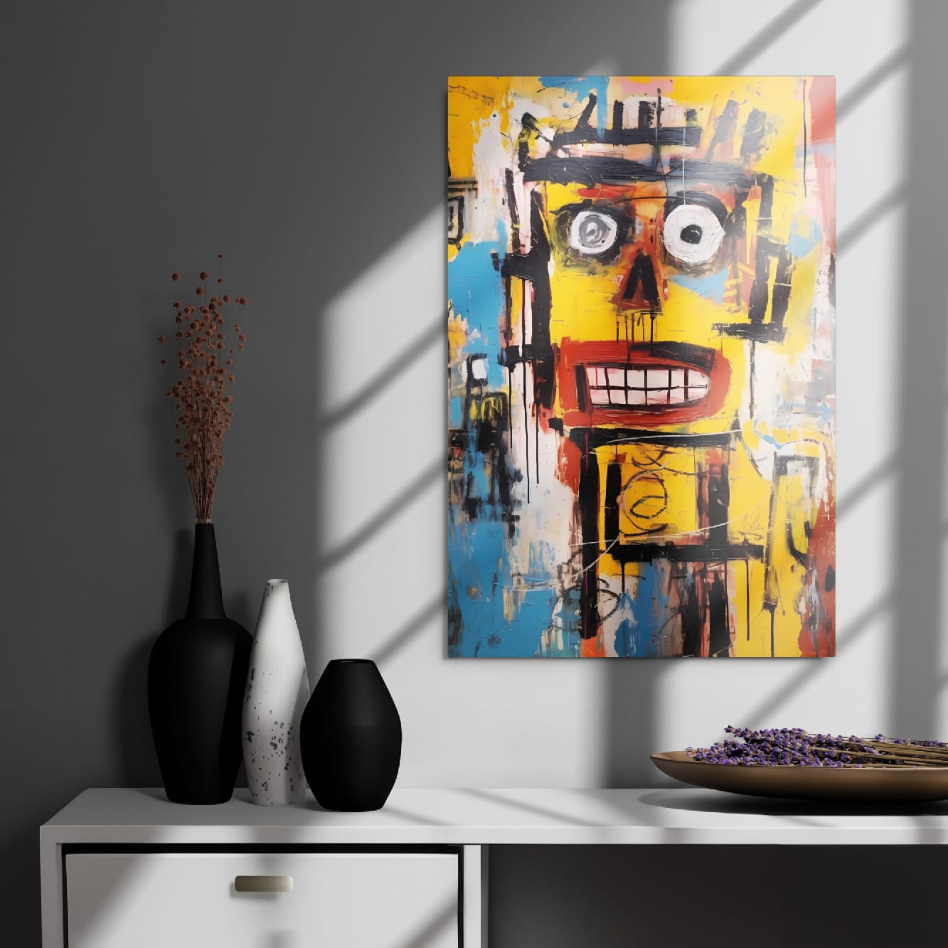 "Static Smile" glossy metal poster 20"x30" on modern gray wall above console decor, abstract graffiti face print in bright yellow with blue accents, black brush lines, and wide grin, by GiveMeMood