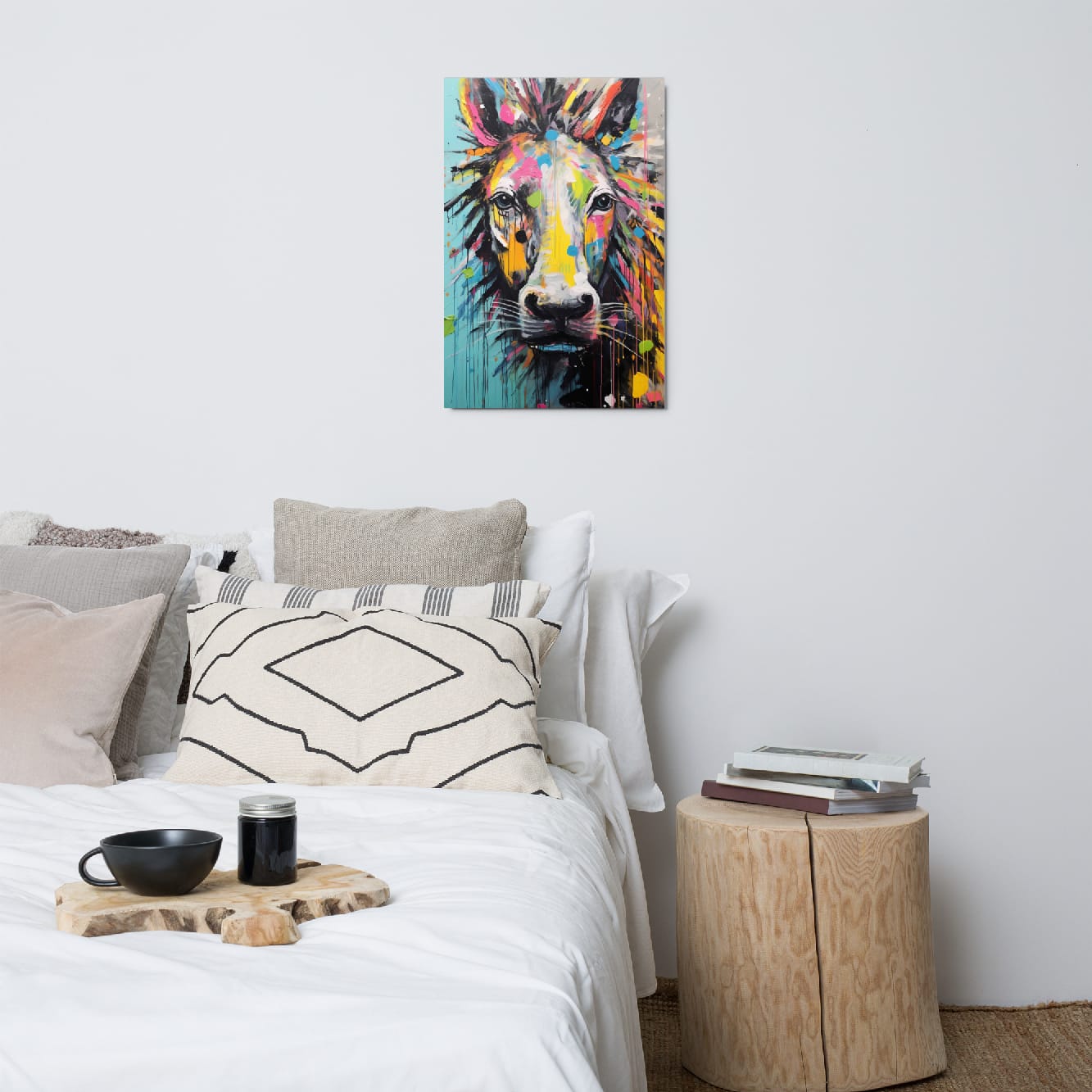 "Stallion Stare" glossy metal poster 20"x30" above bed, colorful street-art stallion portrait with drips on teal background, by GiveMeMood