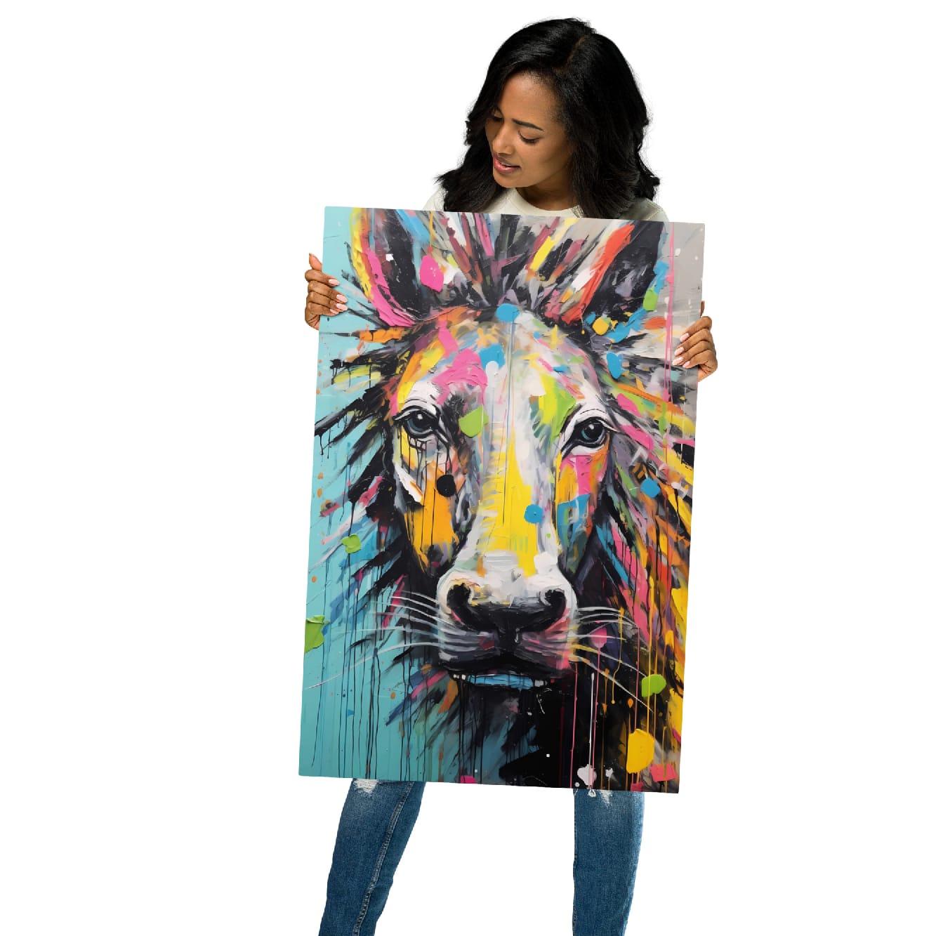 "Stallion Stare" glossy metal poster 20"x30" held by model, oversized colorful graffiti horse portrait print, by GiveMeMood
