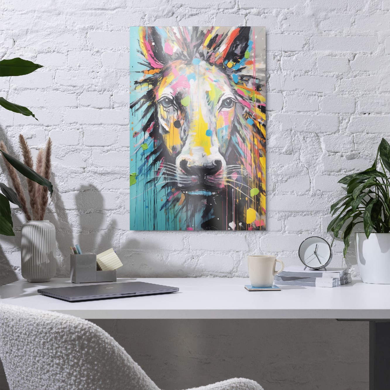 "Stallion Stare" glossy metal poster 20"x30" in home office on white brick wall, colorful stallion portrait with dripping paint, by GiveMeMood
