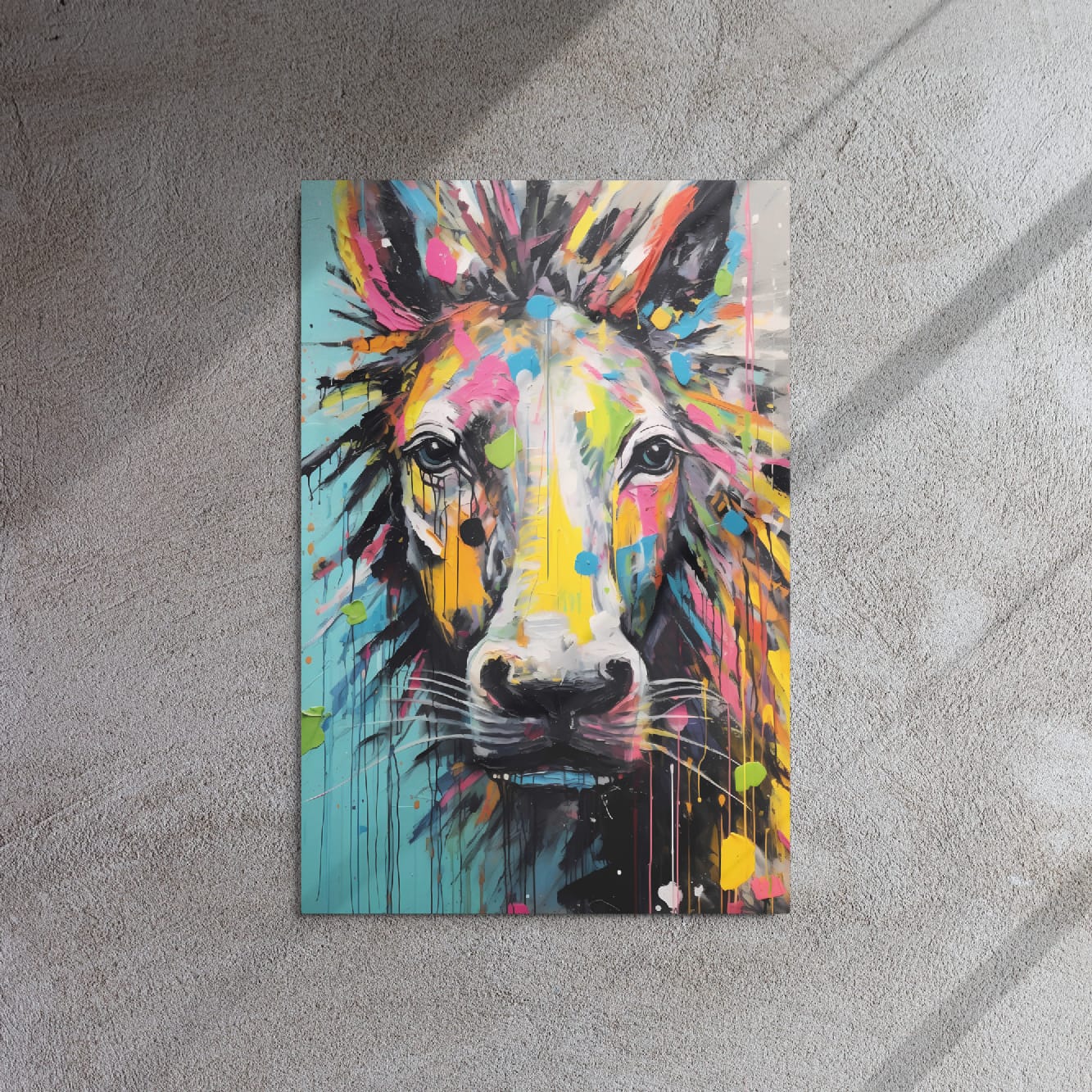 "Stallion Stare" glossy metal poster 20"x30" on textured concrete wall with sun shadows, vibrant graffiti horse face with paint splashes, by GiveMeMood