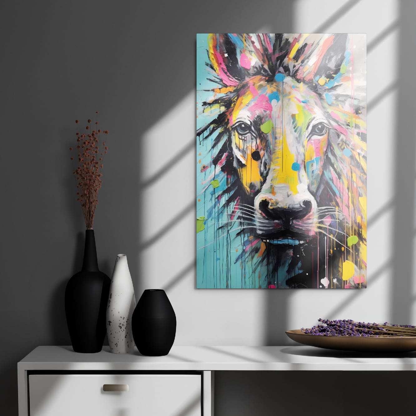 "Stallion Stare" glossy metal poster 20"x30" on modern gray wall above console decor, neon paint-splatter horse head artwork, by GiveMeMood