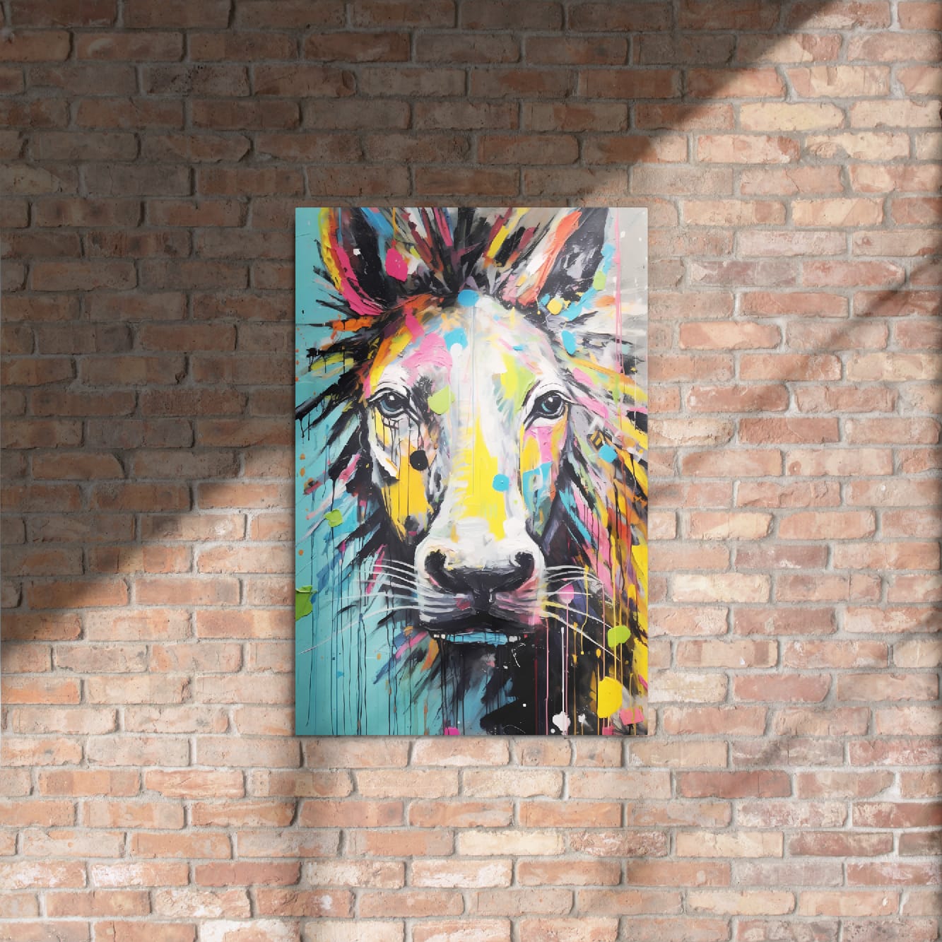 "Stallion Stare" glossy metal poster 20"x30" on rustic brick wall, bold graffiti horse face with bright splashes and ink drips, by GiveMeMood