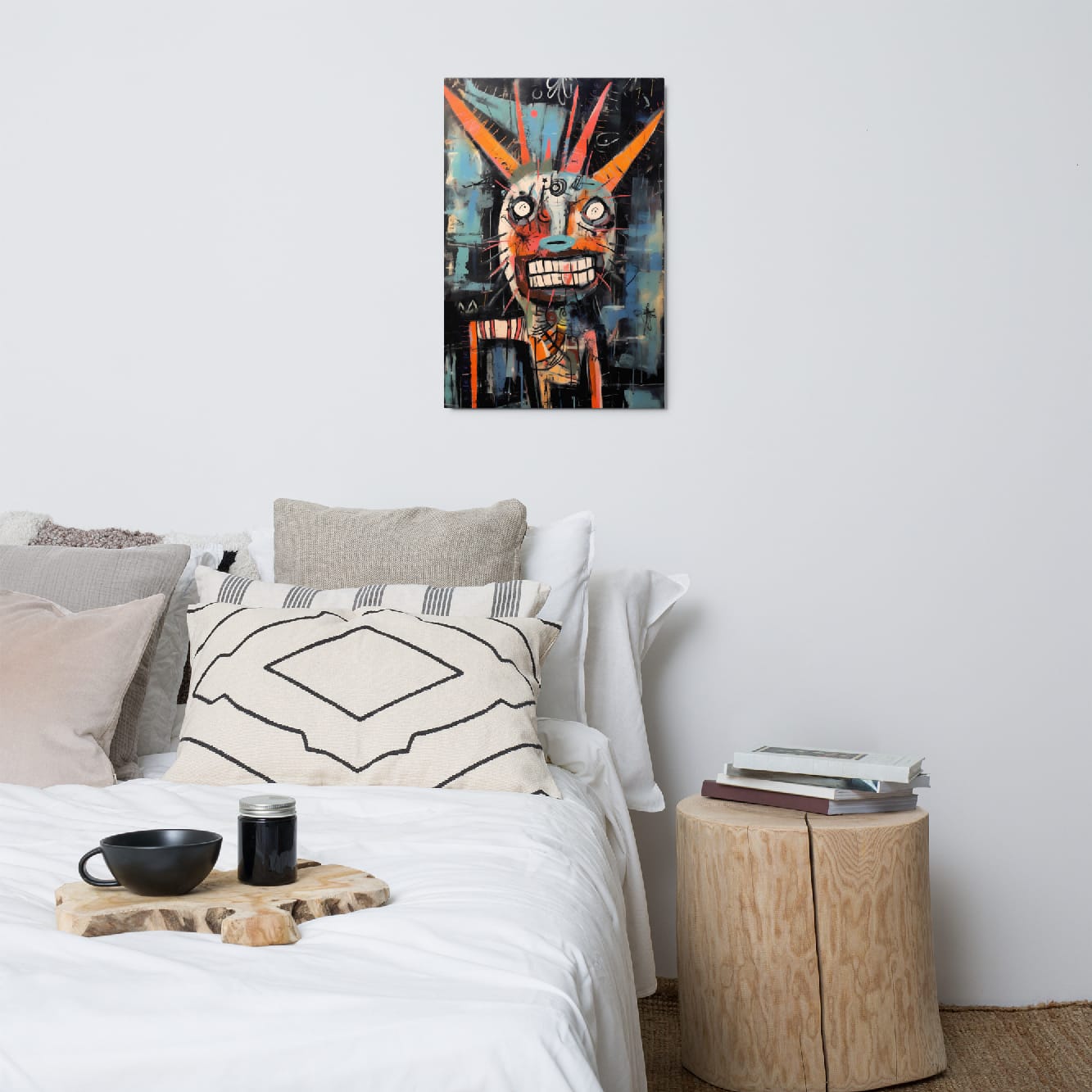 "Horned Grin" glossy metal poster 20x30" above bed, horned graffiti creature portrait with toothy grin and teal-blue accents, by GiveMeMood