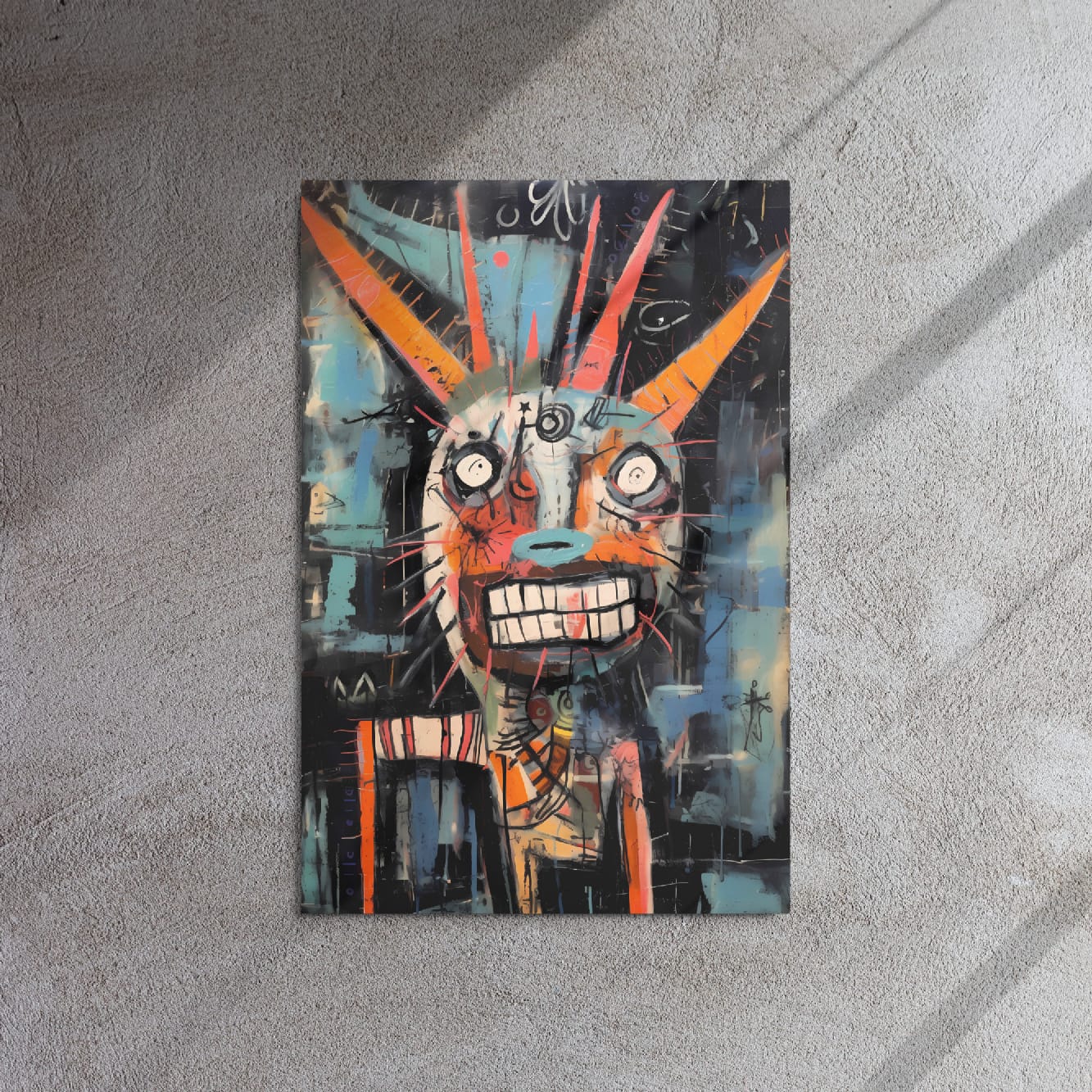 "Horned Grin" glossy metal poster 20x30" on textured concrete wall with sun shadows, graffiti horned beast face art print, by GiveMeMood