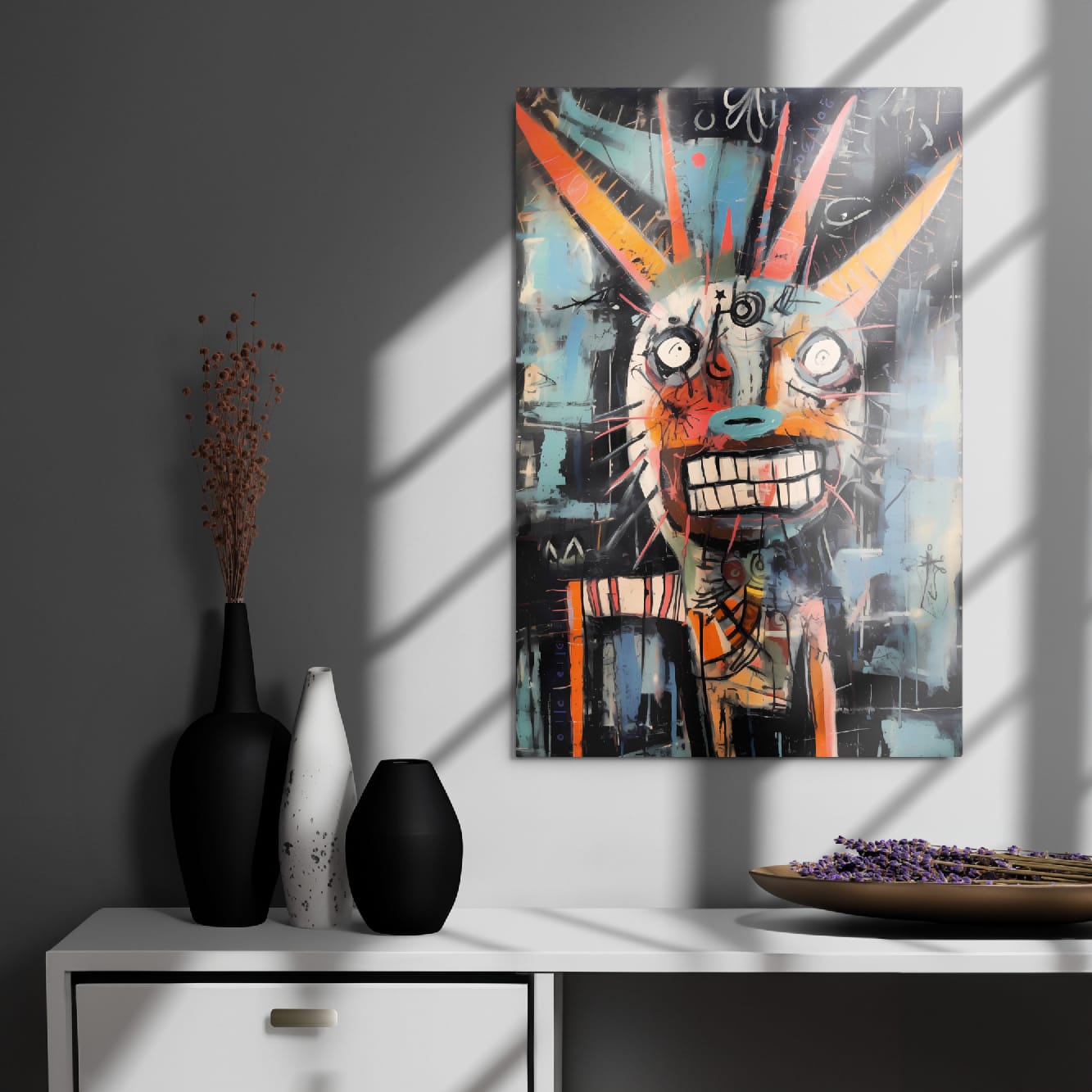 "Horned Grin" glossy metal poster 20x30" in modern entryway decor, abstract graffiti beast portrait with orange horns and wide grin, by GiveMeMood
