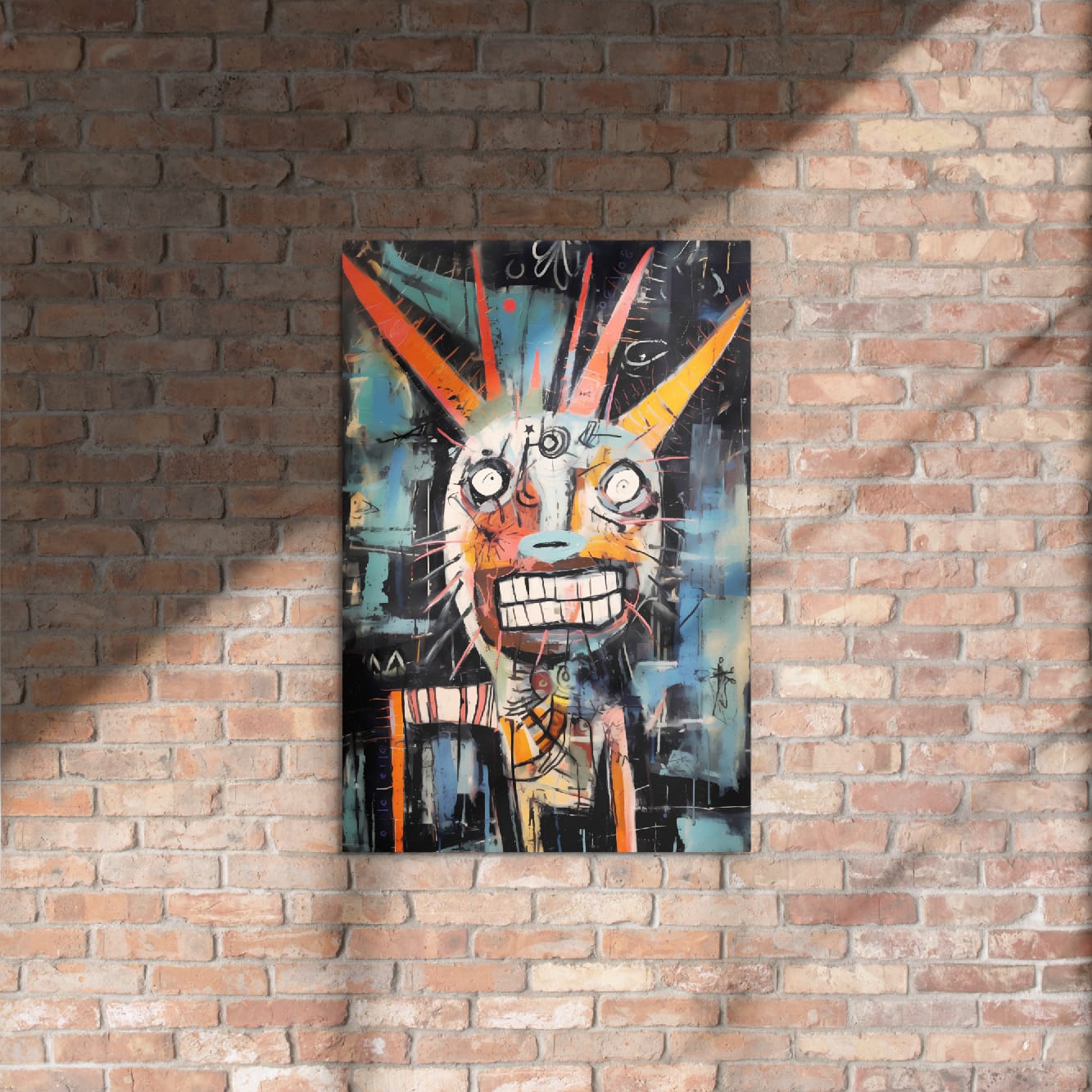 "Horned Grin" glossy metal poster 20x30" on rustic brick wall, graffiti horned beast artwork with wide toothy grin, by GiveMeMood