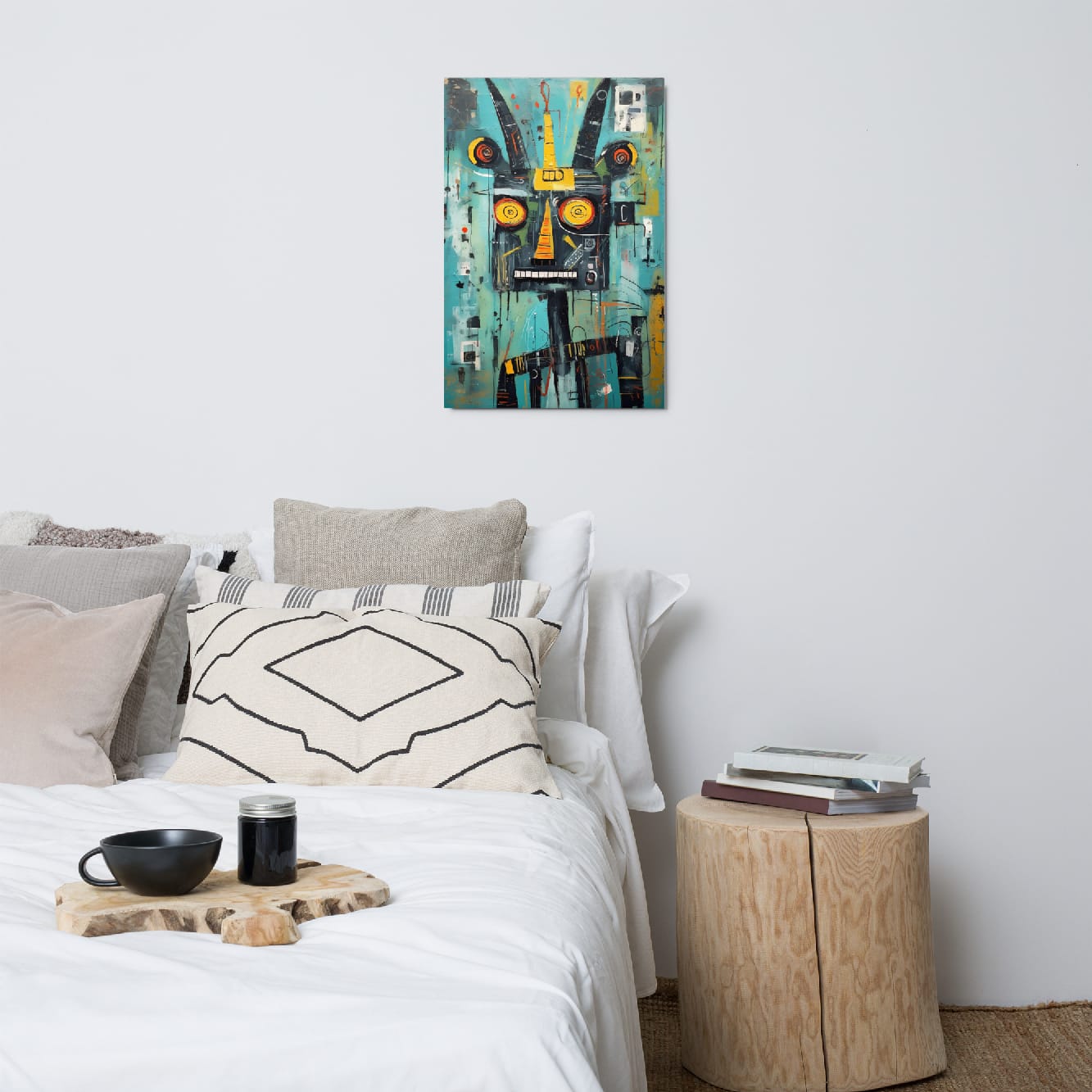 "Circuit Snarl" glossy metal poster 20x30" above bed, abstract horned creature face in teal with yellow-orange eyes, by GiveMeMood