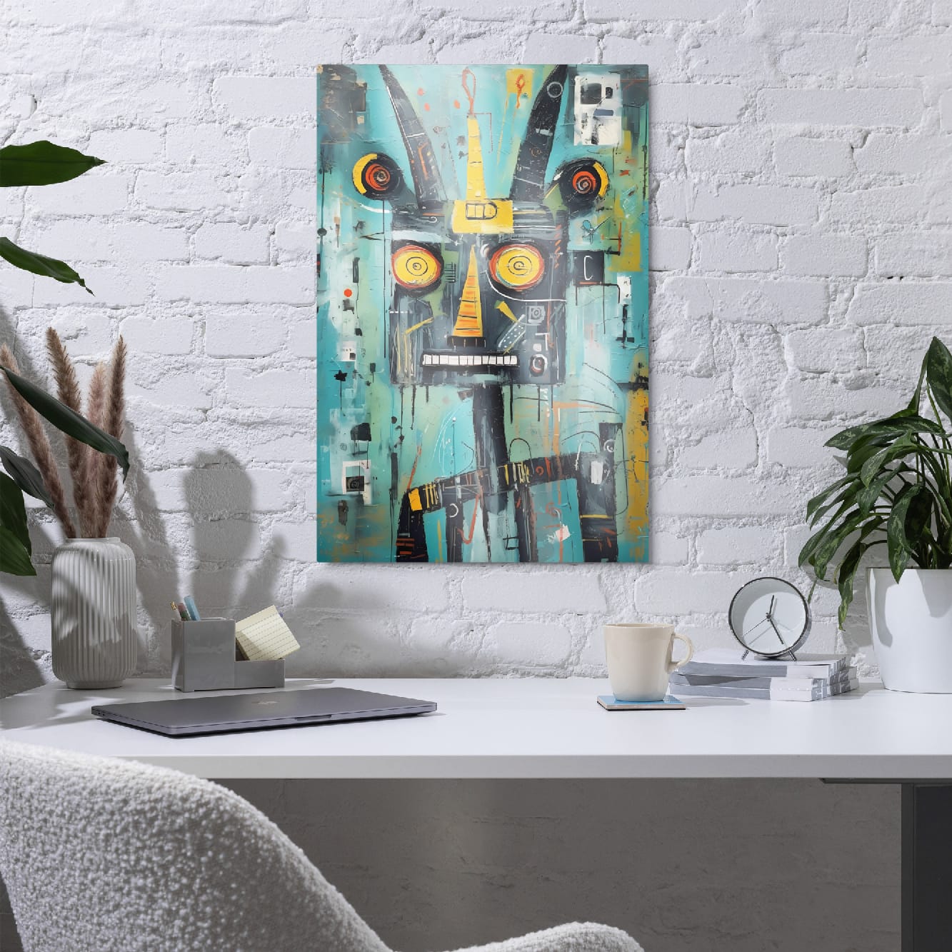 "Circuit Snarl" glossy metal poster 20x30" in home office setup, teal robotic beast portrait with drips and graphic marks, by GiveMeMood