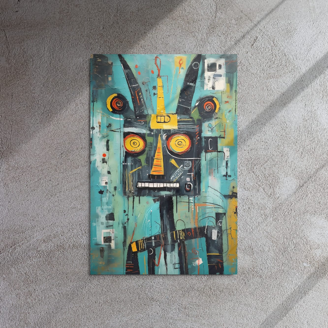 "Circuit Snarl" glossy metal poster 20x30" on textured concrete wall with sun shadows, abstract cyber-beast face artwork, by GiveMeMood