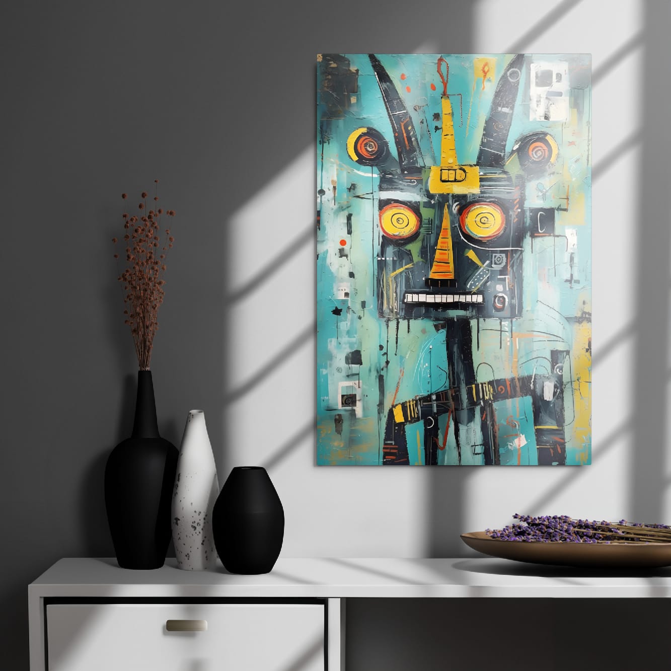 "Circuit Snarl" abstract beast pop art glossy metal poster 20x30" in modern entryway decor, teal mask with horns and paint drips, by GiveMeMood
