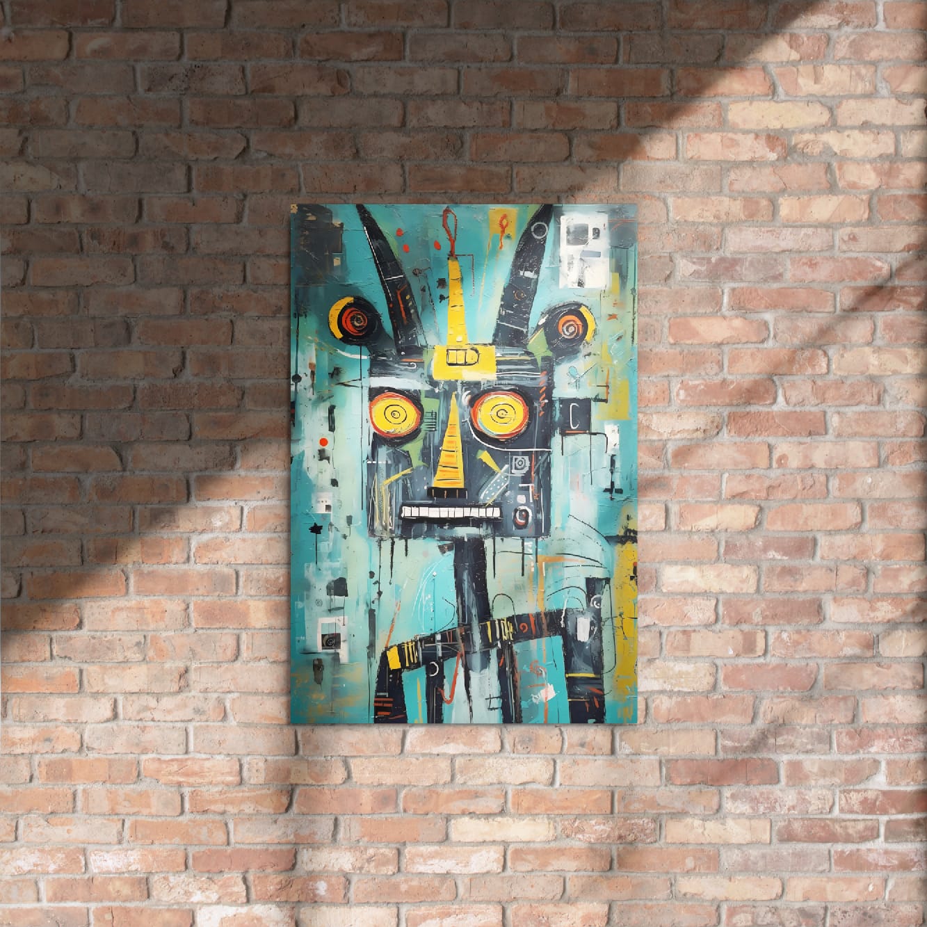 "Circuit Snarl" glossy metal poster 20x30" on rustic brick wall, turquoise abstract beast portrait with spiral eyes and toothy grin, by GiveMeMood