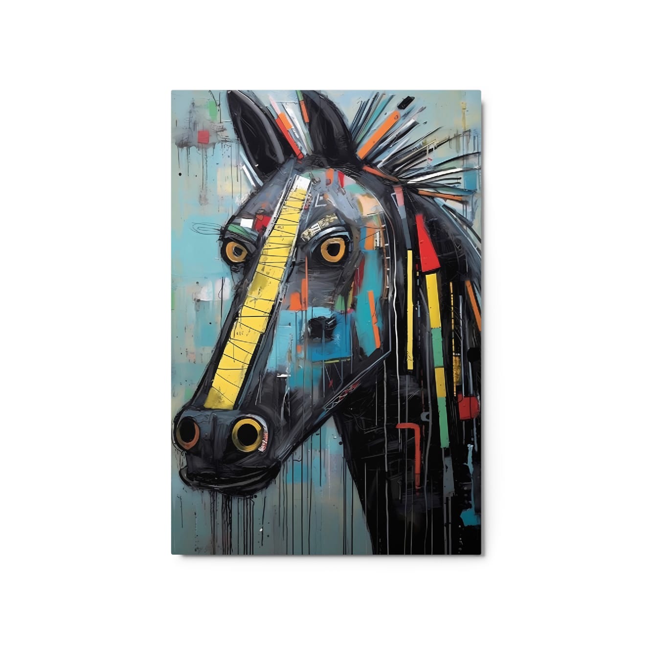 "Equine Curiosity" abstract graffiti horse glossy metal poster 20"x30" featuring a black horse head with a bold yellow stripe, wide golden eyes, teal background, colorful accents, and dripping paint details by GiveMeMood