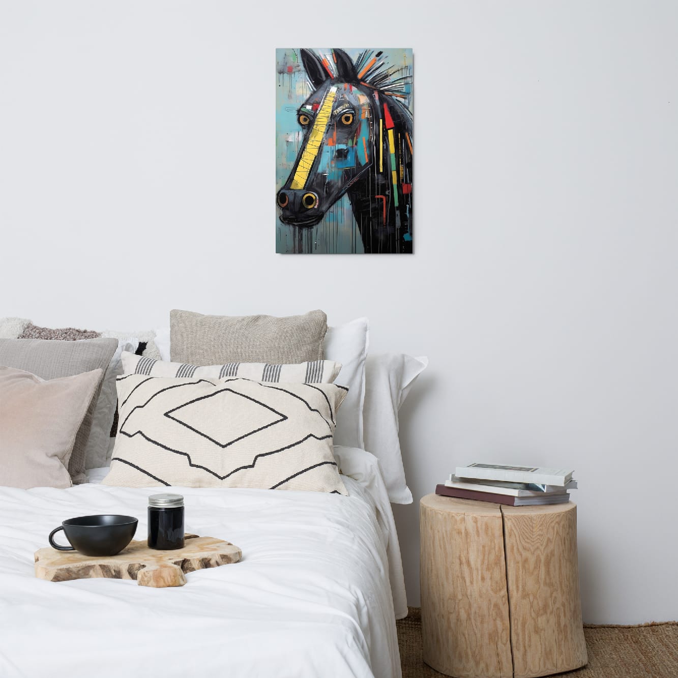 "Equine Curiosity" 20"x30" glossy metal wall art print displayed above a cozy bed, modern abstract horse portrait with yellow stripe, golden eyes, teal tones, and expressive paint drips by GiveMeMood