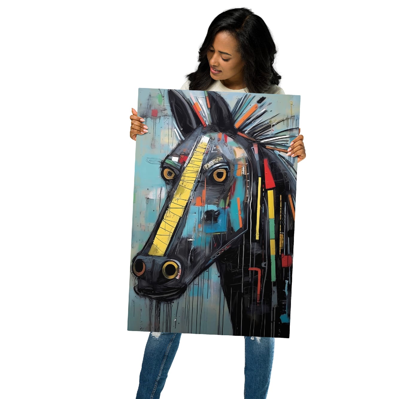 "Equine Curiosity" woman holding a 20"x30" glossy metal print featuring an expressive graffiti horse face with yellow stripe, golden eyes, teal backdrop, and bold street-art paint streaks by GiveMeMood