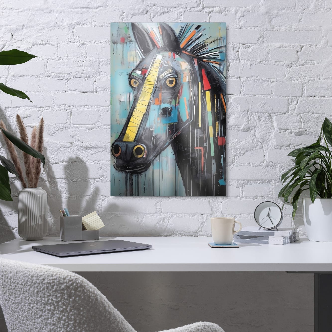 "Equine Curiosity" glossy metal poster 20"x30" on a white brick wall above a modern desk with laptop, abstract graffiti horse portrait with yellow stripe, teal background, and dripping paint accents by GiveMeMood