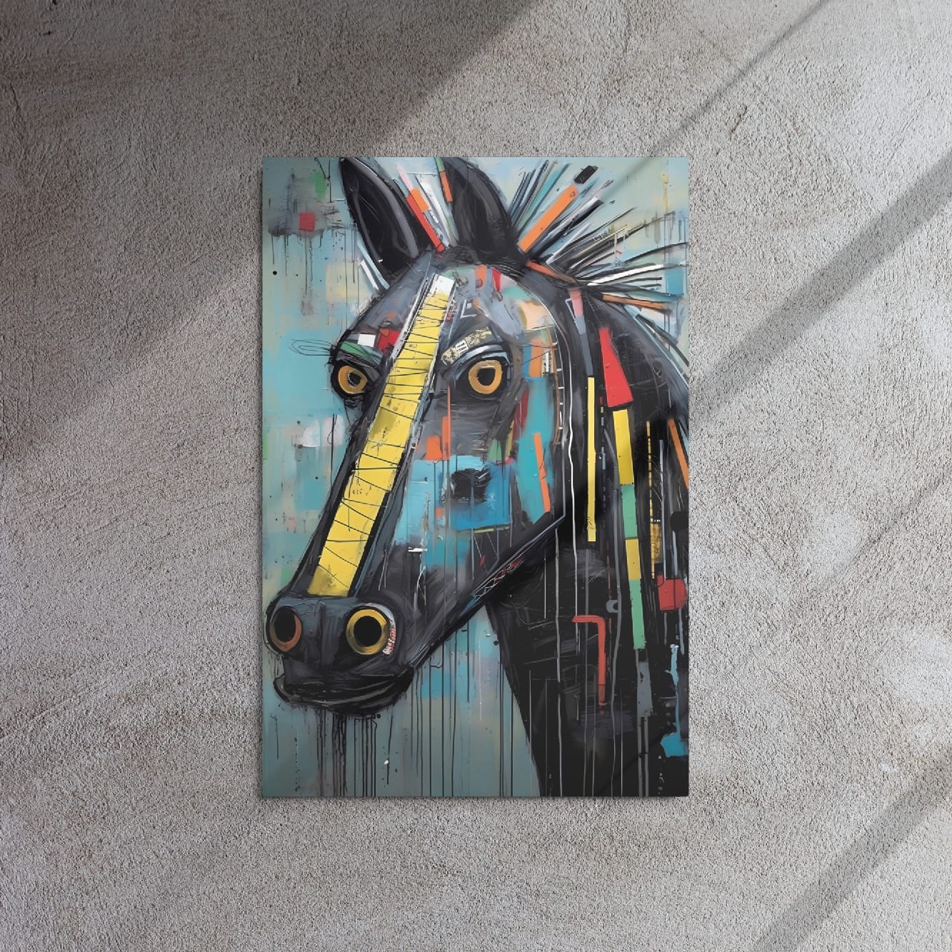 "Equine Curiosity" 20"x30" glossy metal wall art mounted on a textured gray concrete wall with sunlight shadows, bold graffiti horse head with yellow stripe, golden eyes, teal tones, and paint drips by GiveMeMood
