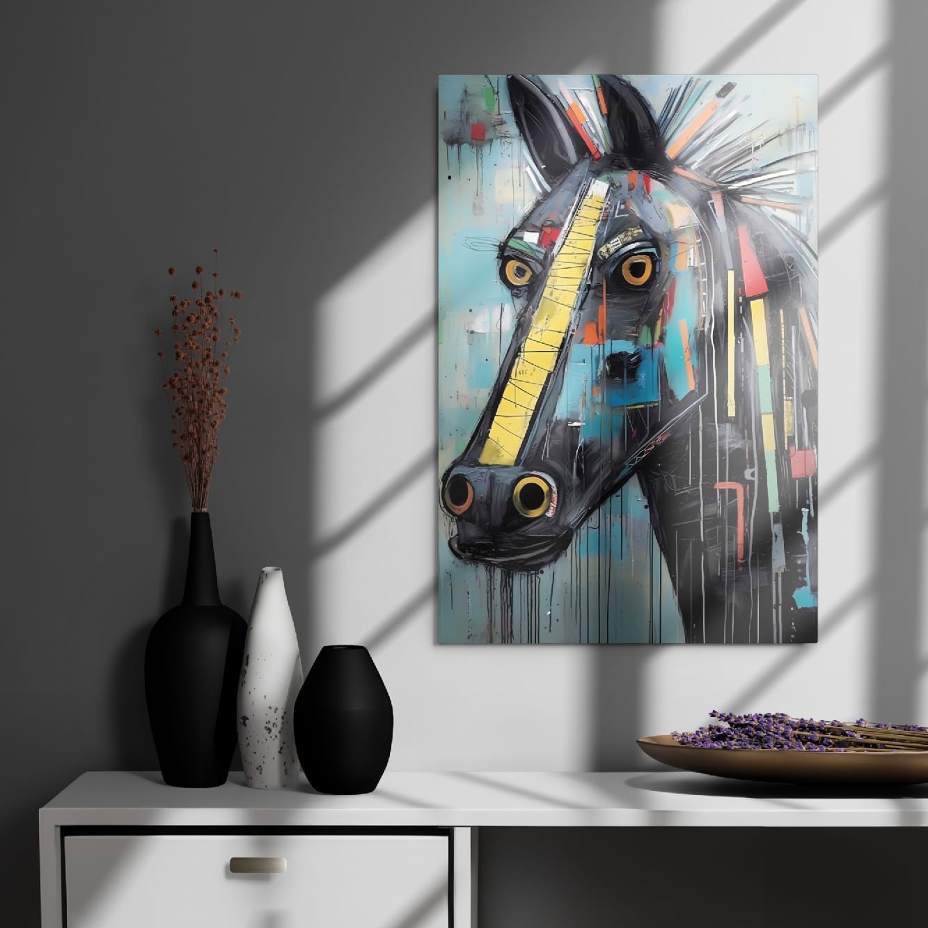 "Equine Curiosity" glossy metal wall art print 20"x30" displayed above a modern cabinet with vases and window-light shadows, striking graffiti horse portrait with yellow stripe and dripping paint by GiveMeMood
