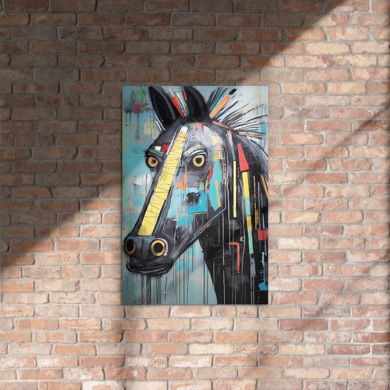 "Equine Curiosity" glossy metal poster 20"x30" on a rustic brick wall with warm sunlight, abstract graffiti horse portrait with yellow stripe, golden eyes, teal background, and bold paint drips by GiveMeMood