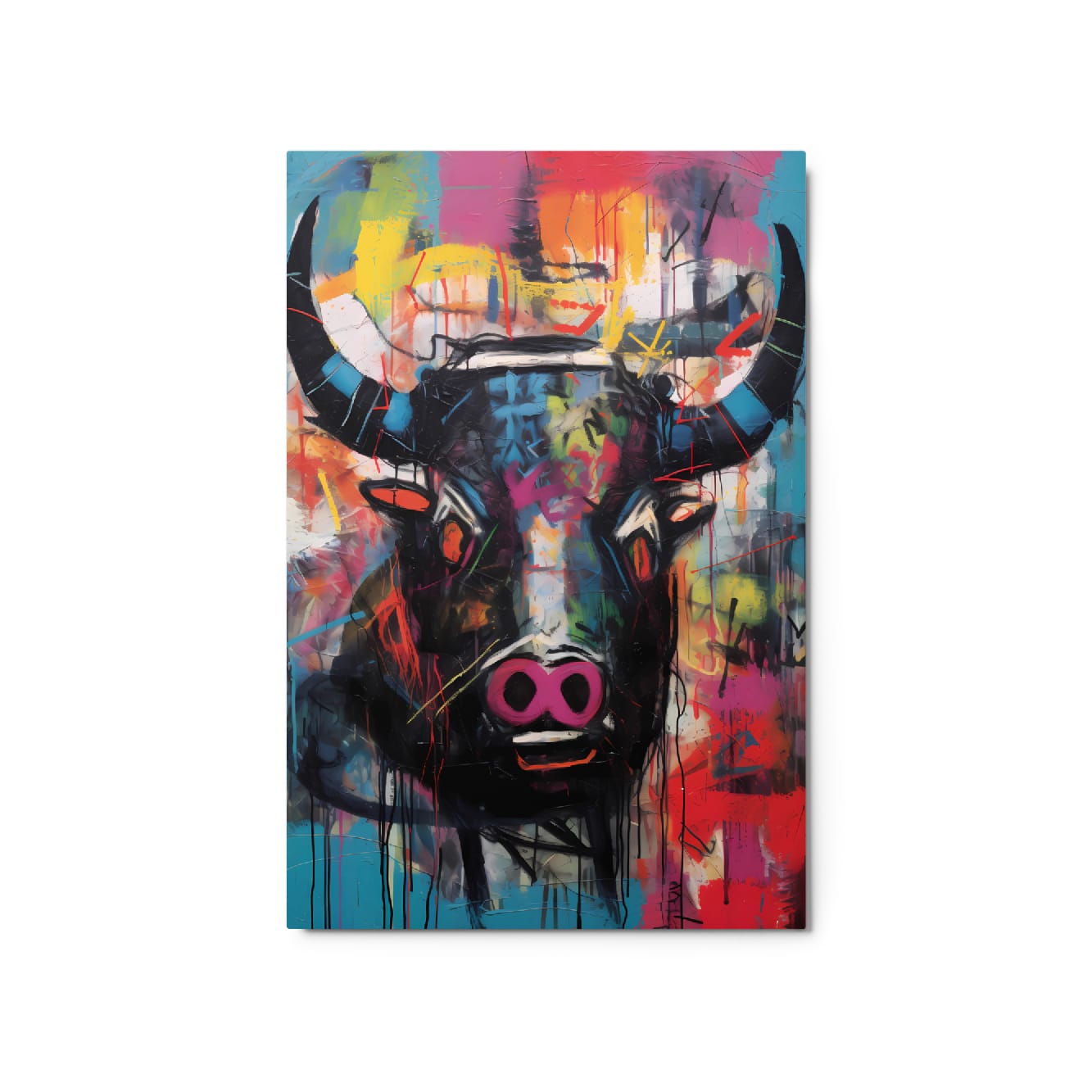 "Graffiti Bull" colorful bull portrait glossy metal poster 20"x30" with neon pink snout, bold black horns, paint drips, and vibrant street art splashes on teal red yellow background by GiveMeMood