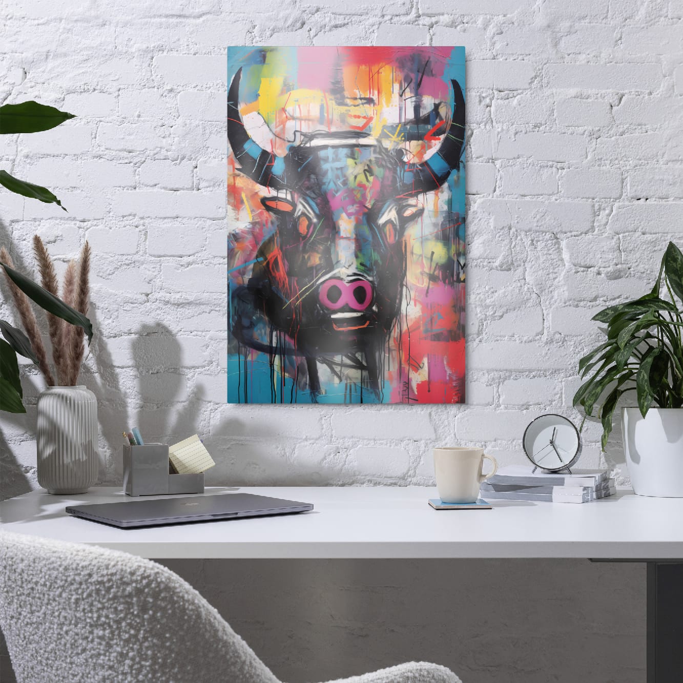 "Graffiti Bull" glossy metal poster 20"x30" on a white brick wall above a modern desk with laptop and plants, colorful street art bull portrait for contemporary workspace decor by GiveMeMood