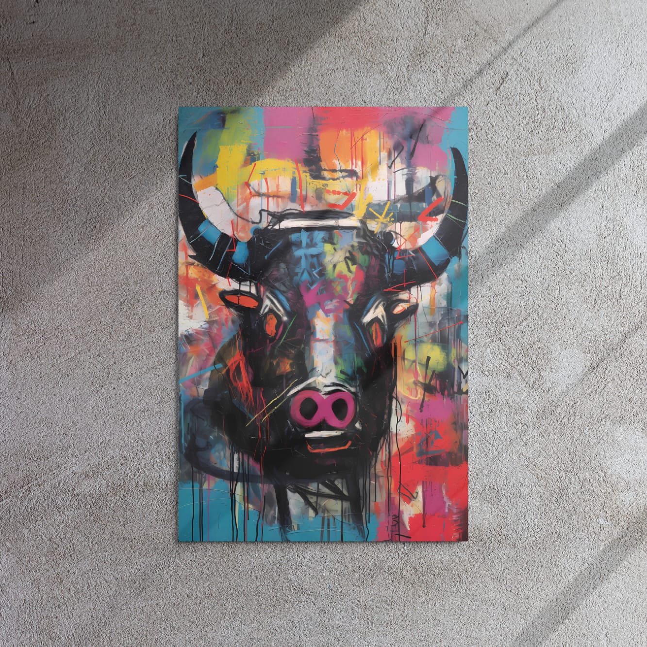 "Graffiti Bull" 20"x30" glossy metal wall art mounted on textured gray concrete wall with dramatic sunlight shadows, vibrant graffiti bull face with drips and neon accents by GiveMeMood