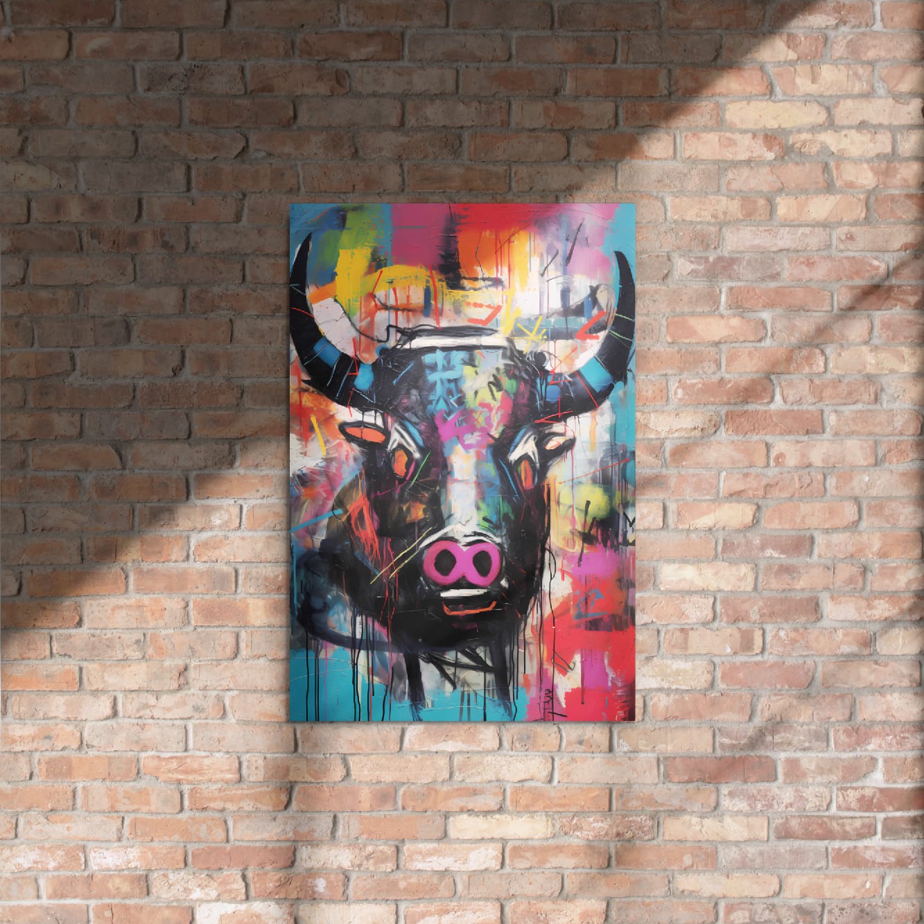 "Graffiti Bull" glossy metal wall art print 20"x30" mounted on rustic exposed brick wall with natural light, colorful graffiti bull face with neon pink snout and paint drips by GiveMeMood