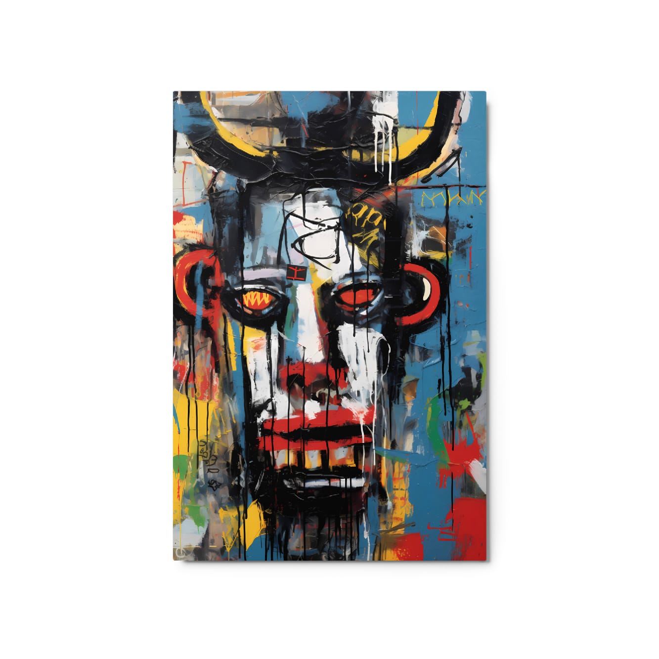 "Urban Minotaur" colorful graffiti minotaur face glossy metal poster 20"x30" with dripping paint, bold red eyes, and blue-yellow street art background, modern metal wall decor by GiveMeMood