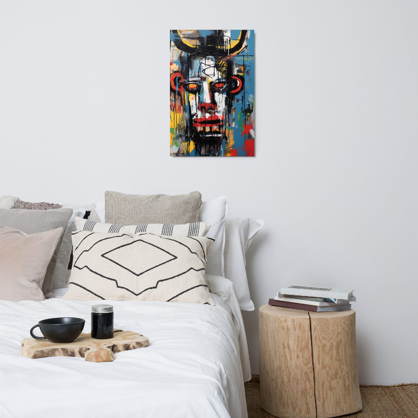 "Urban Minotaur" glossy metal wall art poster 20"x30" displayed above a cozy bed in a neutral minimalist bedroom, vibrant graffiti minotaur portrait adding a bold modern accent by GiveMeMood