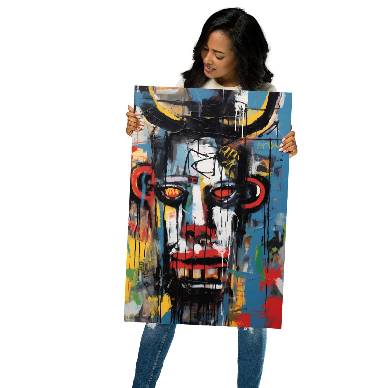 "Urban Minotaur" 20"x30" glossy metal print held by a woman, featuring an expressive graffiti minotaur/bull portrait with dripping black lines and vivid blue red yellow tones by GiveMeMood