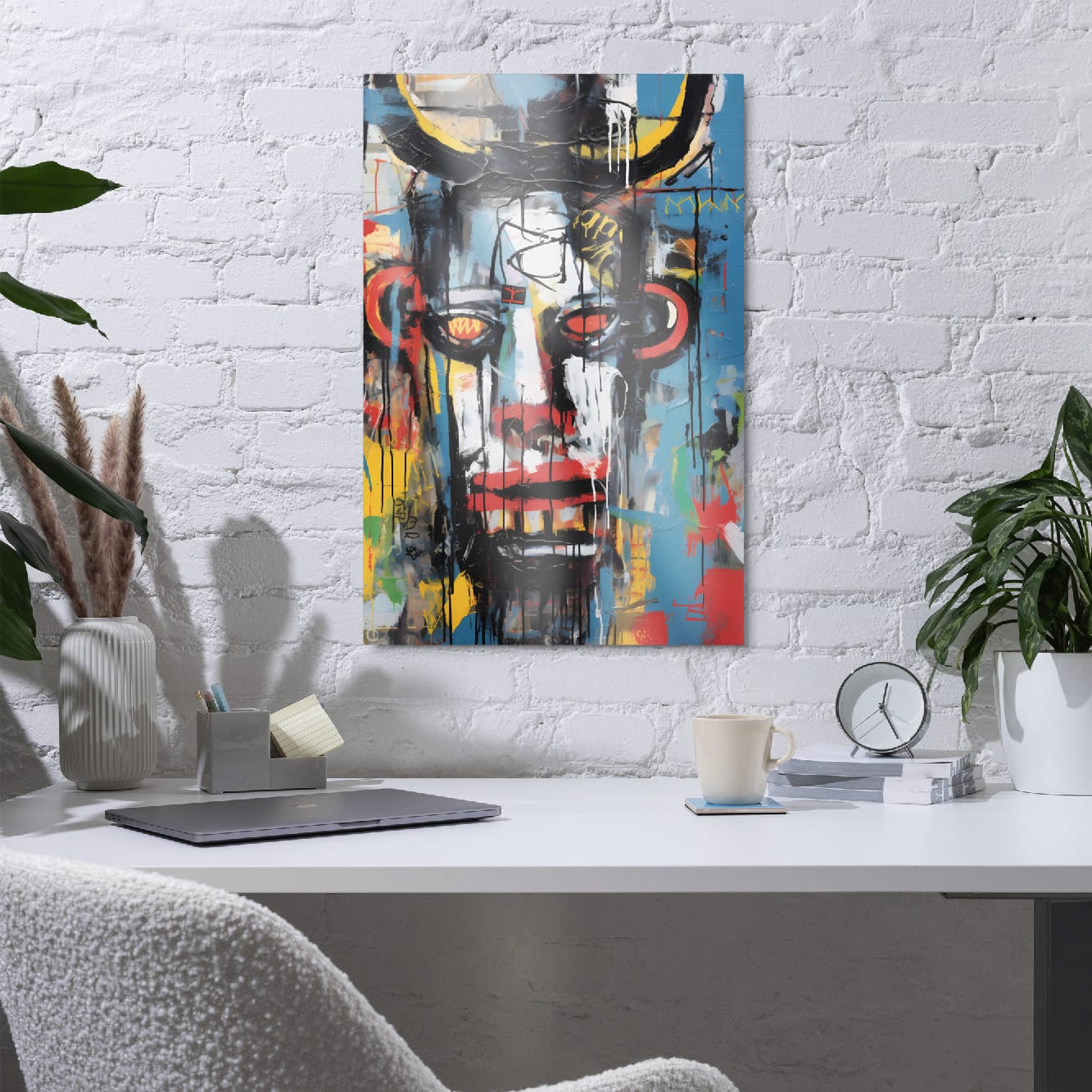 "Urban Minotaur" glossy metal poster 20"x30" on a white brick wall above a modern desk with laptop and plants, colorful street art minotaur face for contemporary workspace decor by GiveMeMood