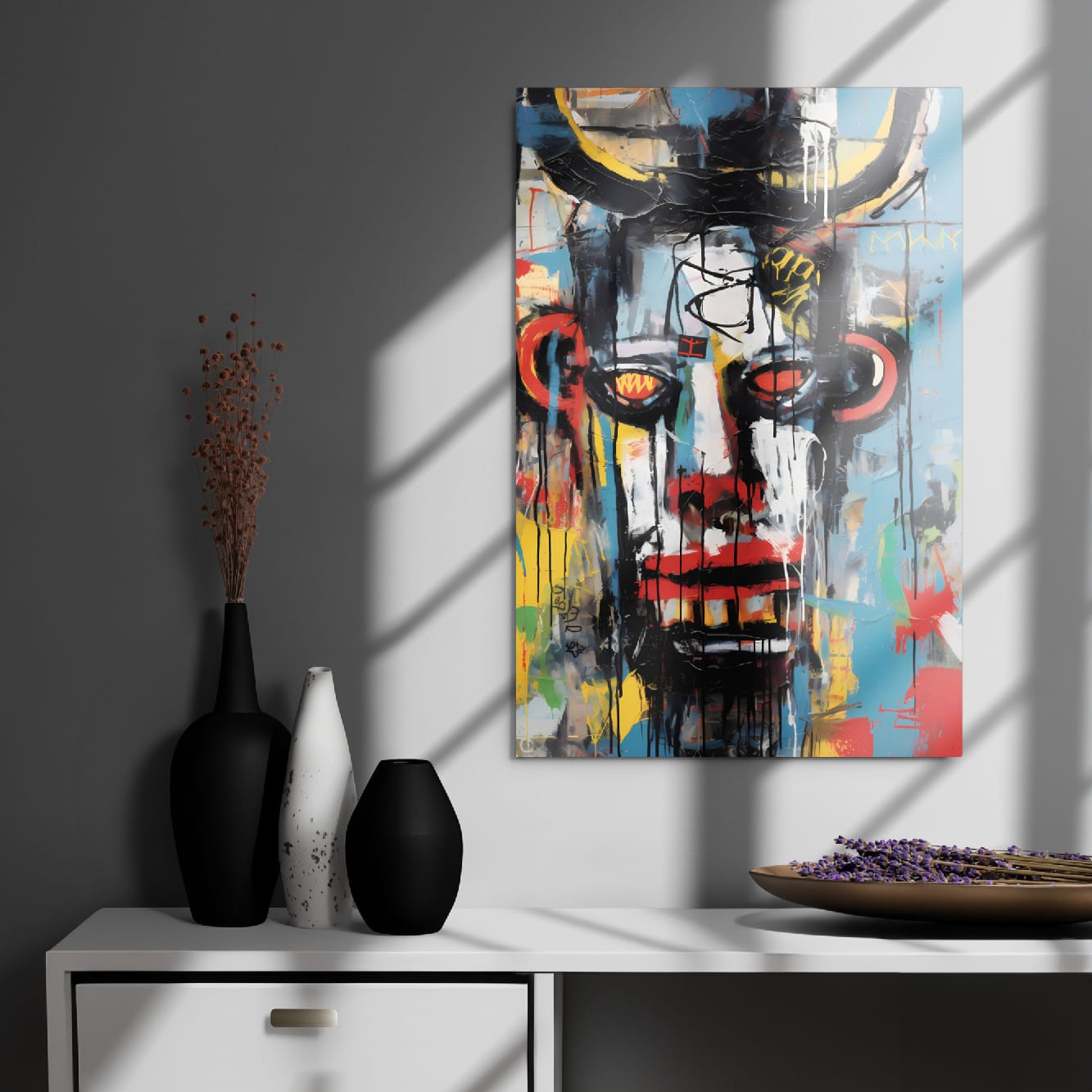 "Urban Minotaur" glossy metal poster 20"x30" on a charcoal wall above a modern cabinet with vases, window-light shadows highlighting the vibrant graffiti minotaur portrait by GiveMeMood