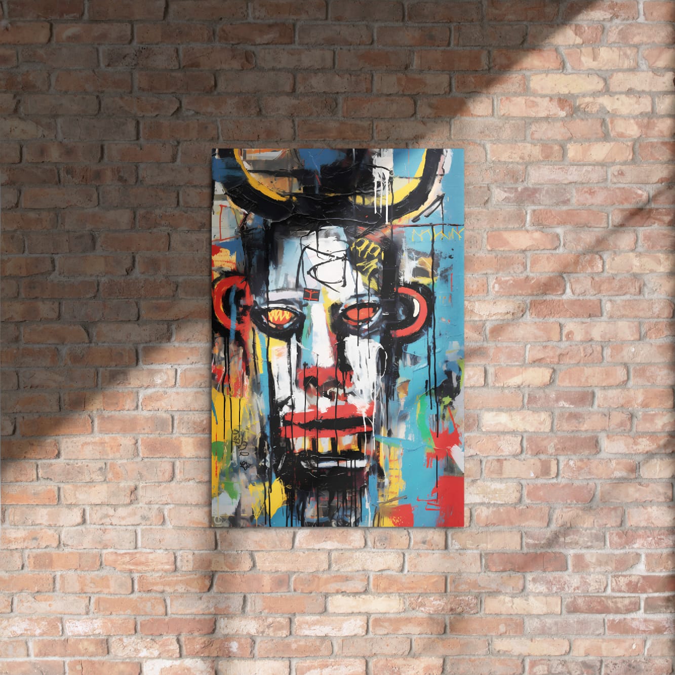 "Urban Minotaur" glossy metal wall art print 20"x30" mounted on rustic exposed brick wall with natural light, colorful graffiti minotaur face creating an urban loft statement by GiveMeMood