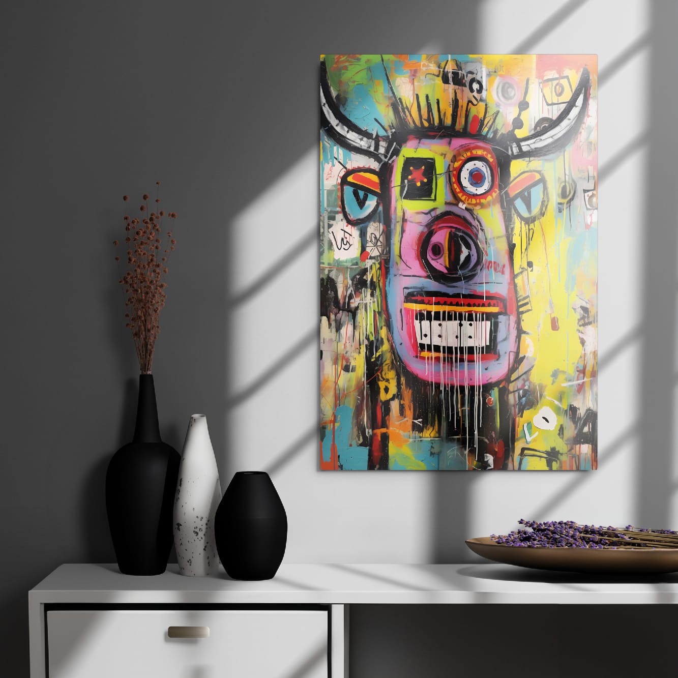 "Horned Head" — Graffiti Longhorn Print Art on Glossy Metal Poster