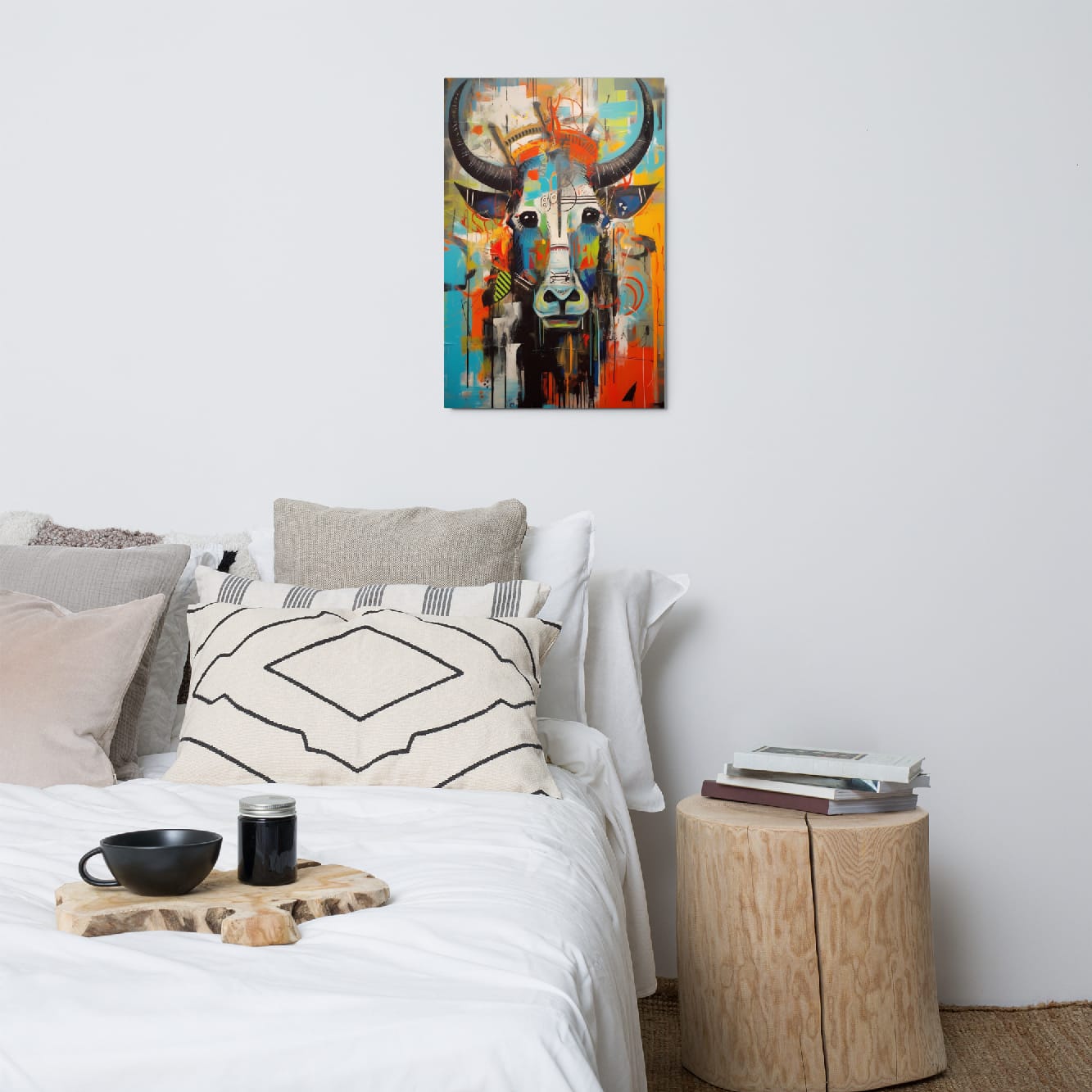 "Mural Bull" — Graffiti Longhorn Print Art on Glossy Metal Poster