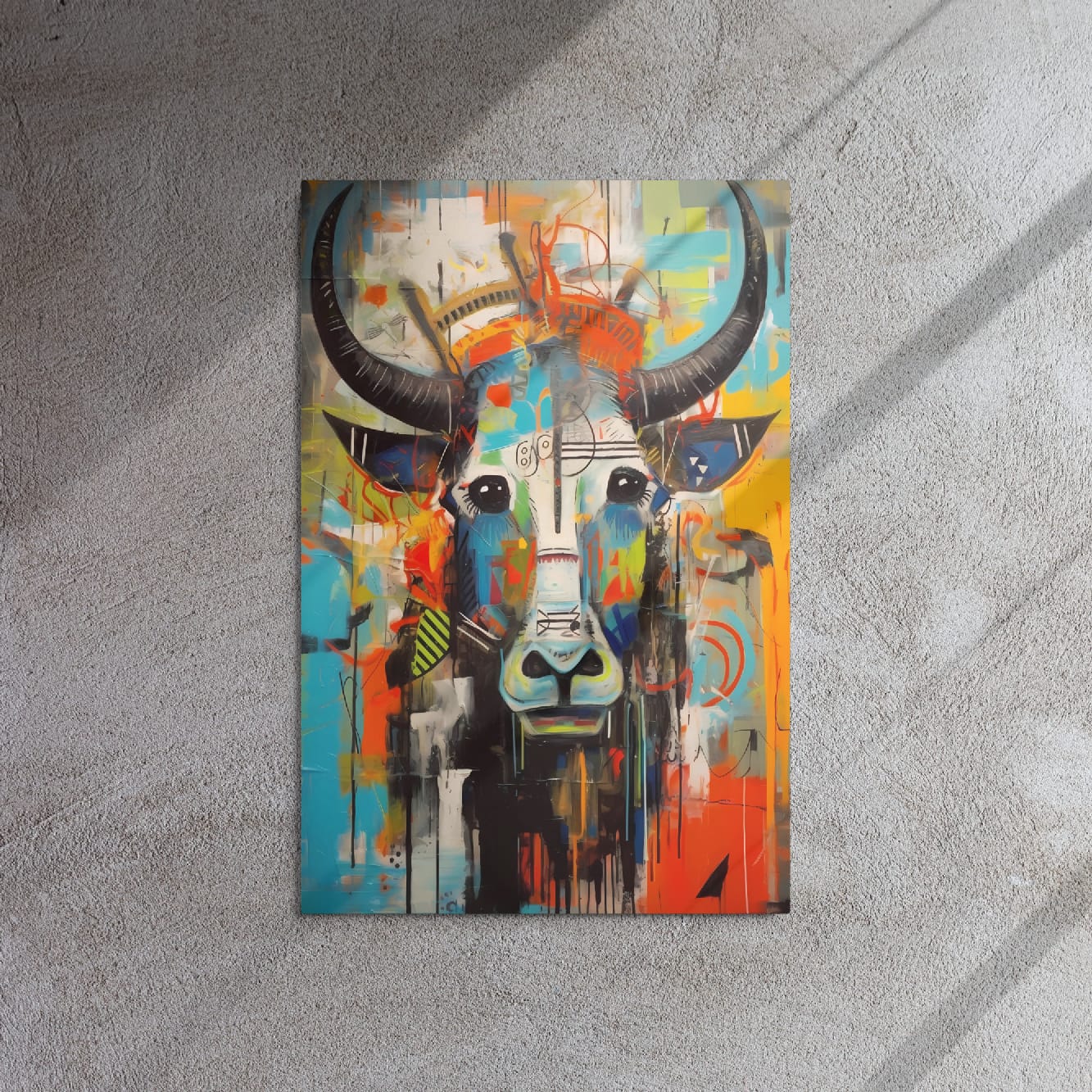 "Mural Bull" — Graffiti Longhorn Print Art on Glossy Metal Poster