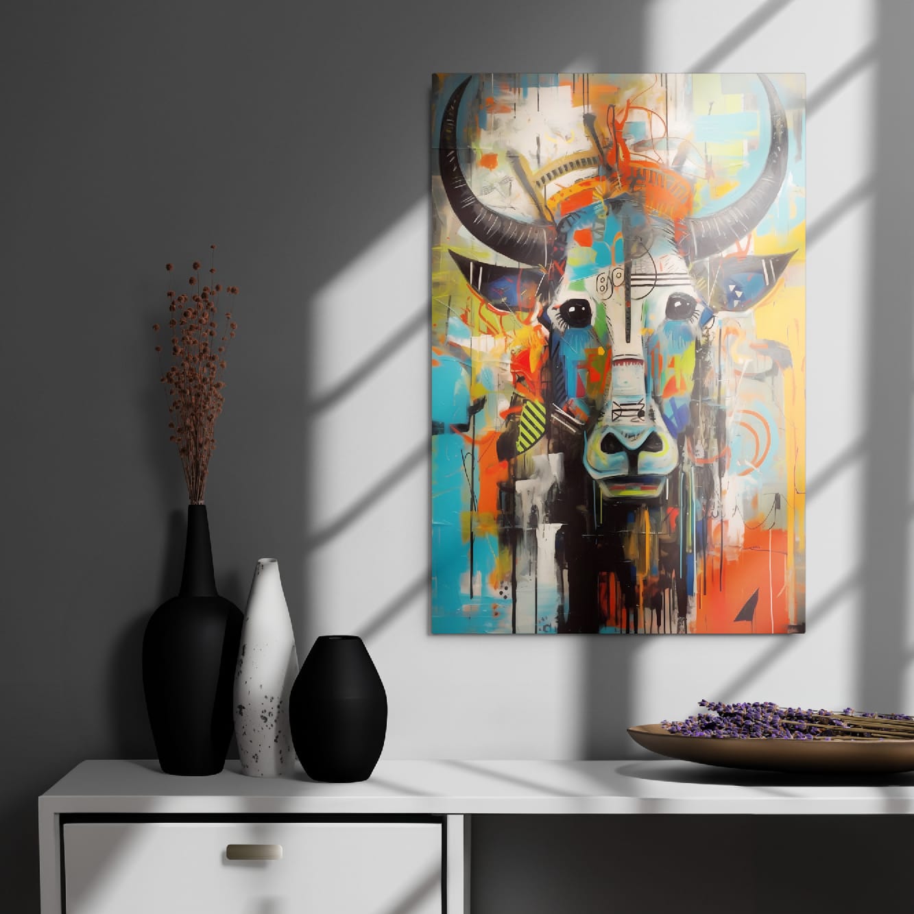 "Mural Bull" — Graffiti Longhorn Print Art on Glossy Metal Poster