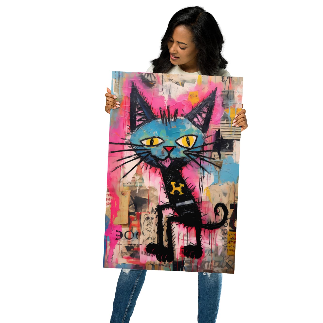 Street art cat metal poster on white brick wall in stylish workspace with plants