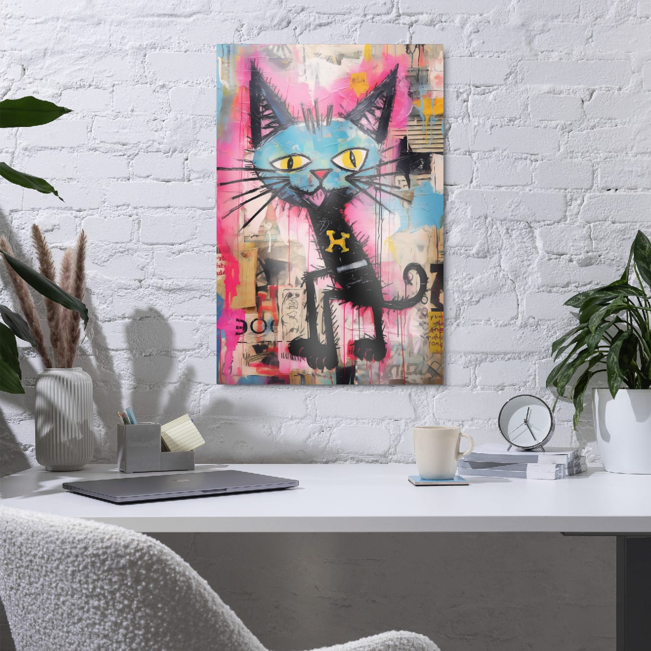 Colorful urban cat art print 20″×30″ on rustic brick wall with window light