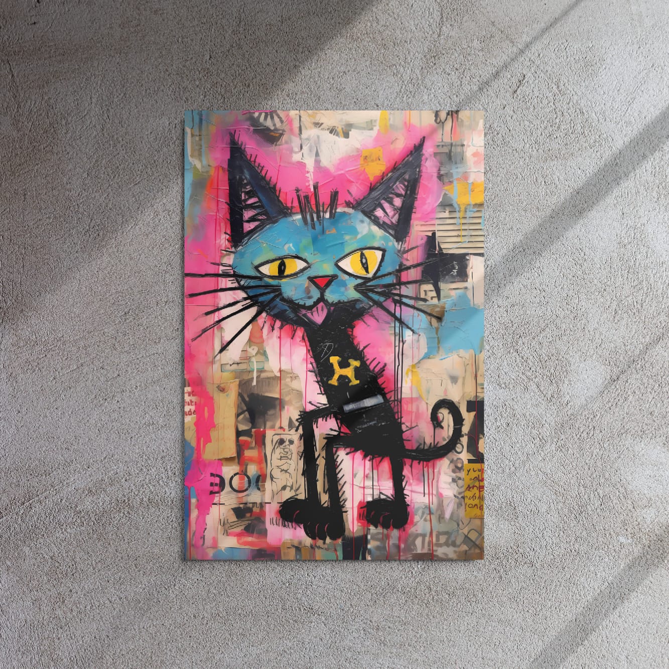 Abstract graffiti cat glossy poster on gray concrete surface with dramatic shadows
