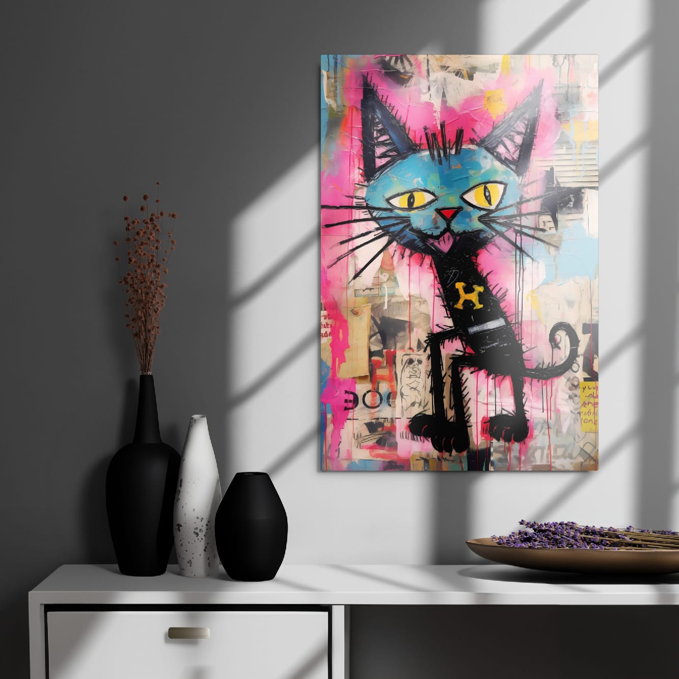 Woman showcasing 20″×30″ blue faced cat metal artwork with vibrant pink splashes