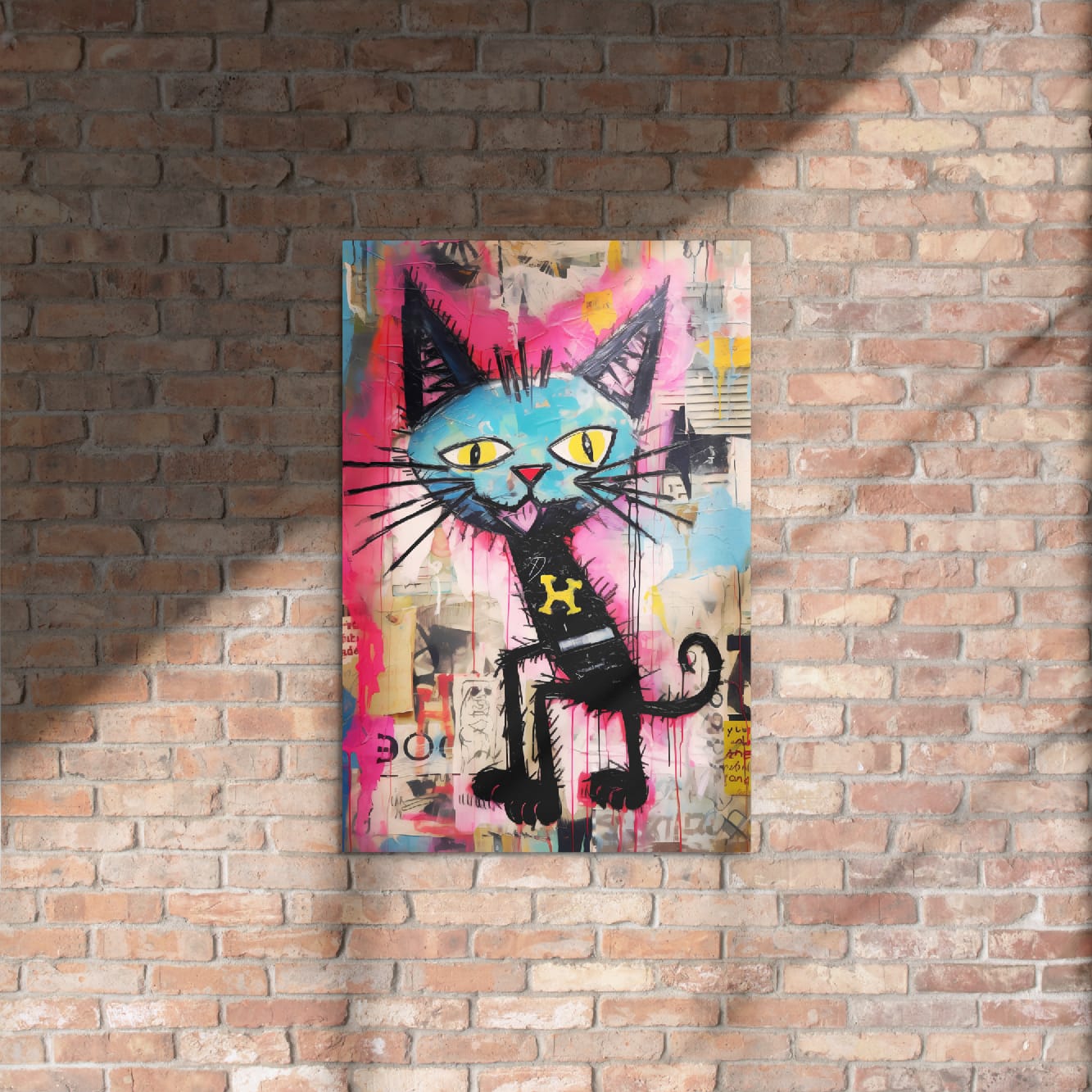 Playful cat collage art metal print in contemporary living room with black vases