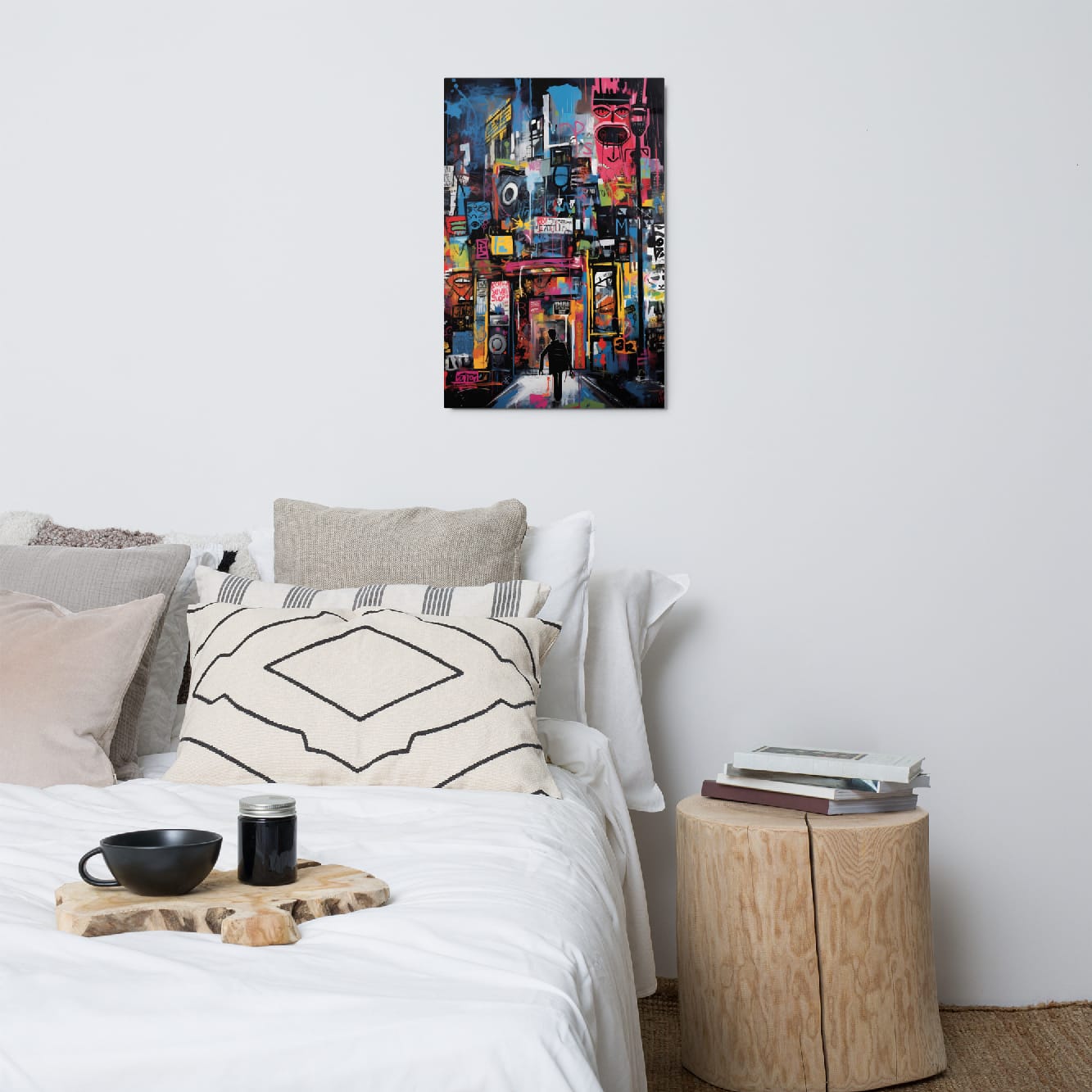 Colorful street art metal print 20x30 size as bedroom wall decor above white bedding with geometric pillows
