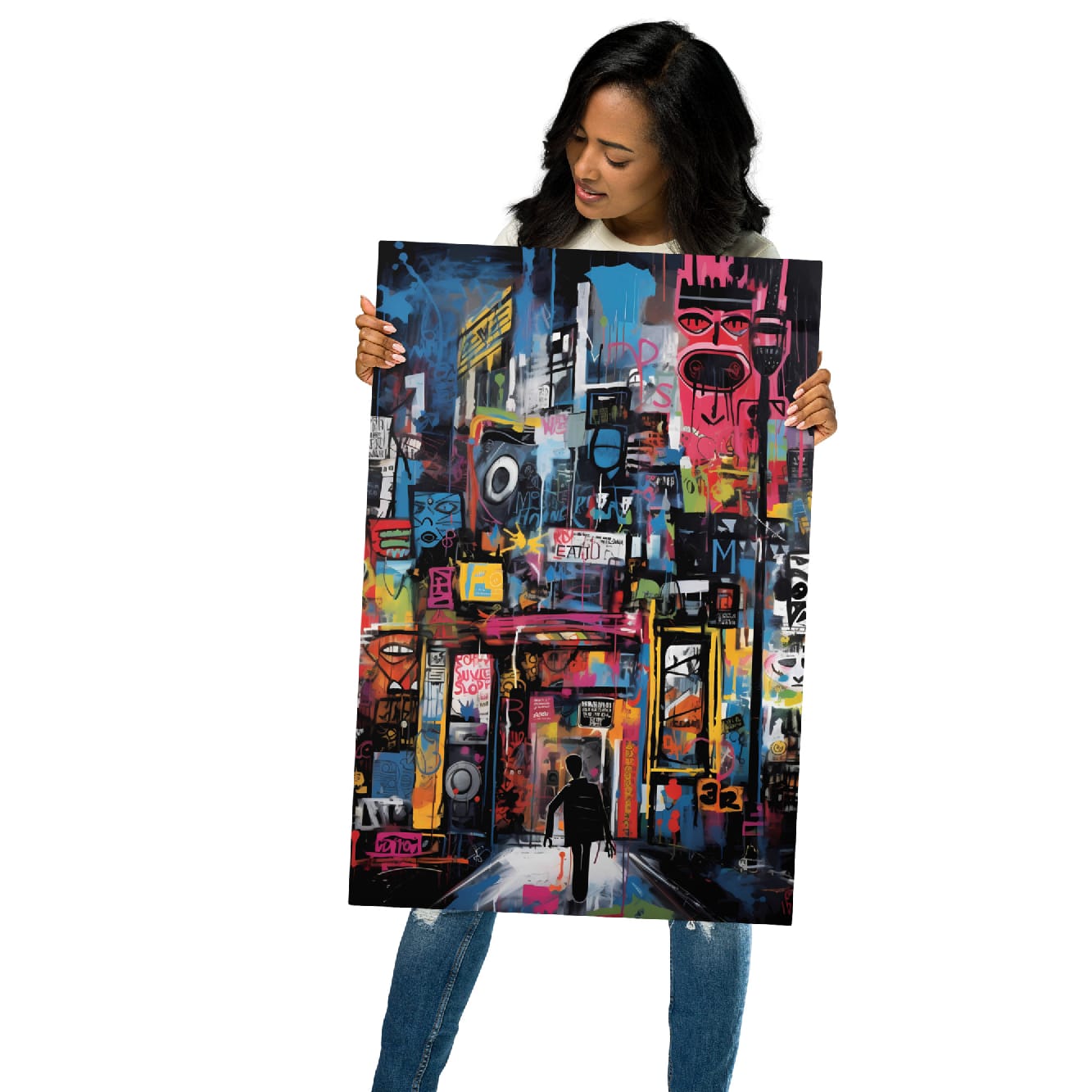 Person displaying Urban Wanderer metal art print 20x30 inch size demonstrating actual poster dimensions